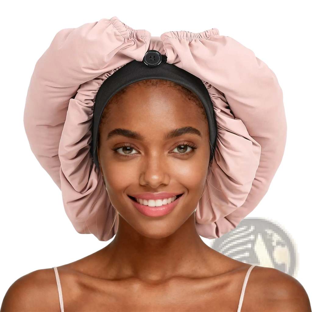 A soft pink satin dreadlock sleep cap with black elastic band and button closure satin lined hair bonnet