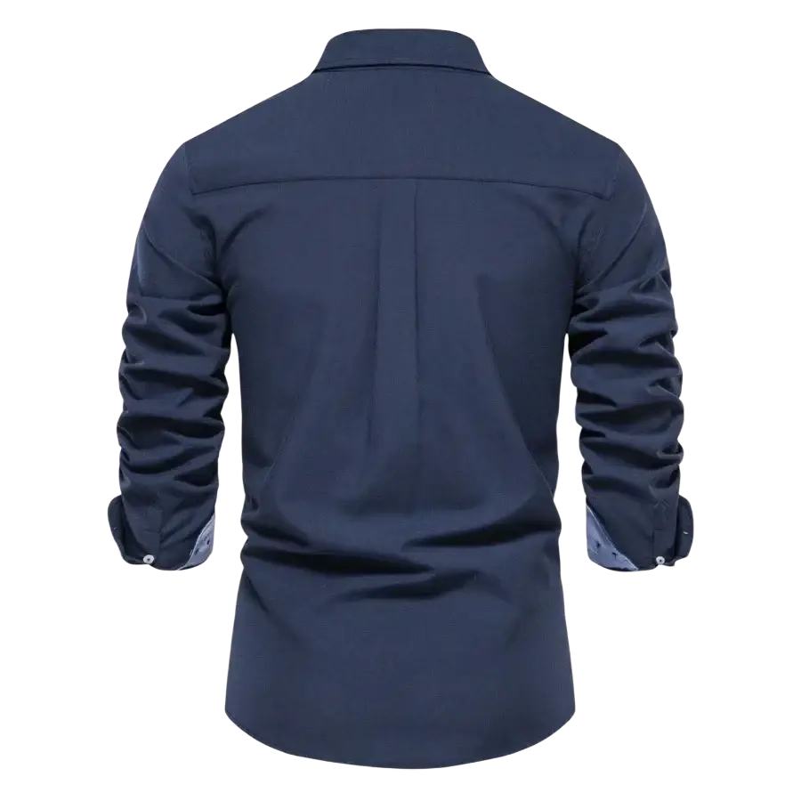 Dark navy blue long-sleeved dress shirt with contrasting light blue inner cuffs and classic collar for fashion social shirts
