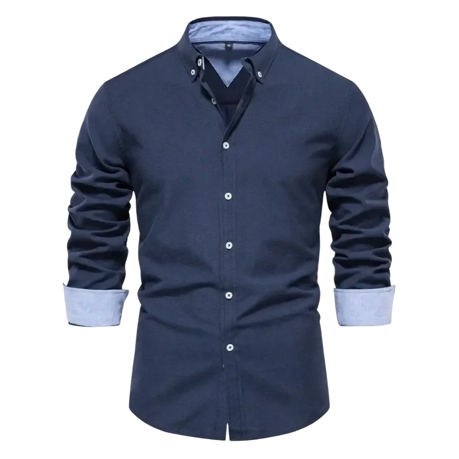 Dark navy dress shirt with light blue contrast collar and cuff accents for men long sleeve fashion social shirts