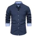 Dark navy dress shirt with light blue inner lining and cuffs long sleeve fashion social shirt for men