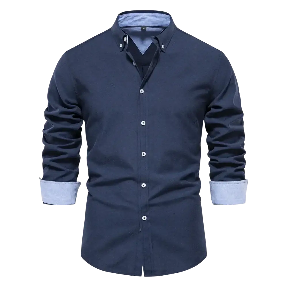 Dark navy dress shirt with light blue inner lining and cuffs long sleeve fashion social shirt for men