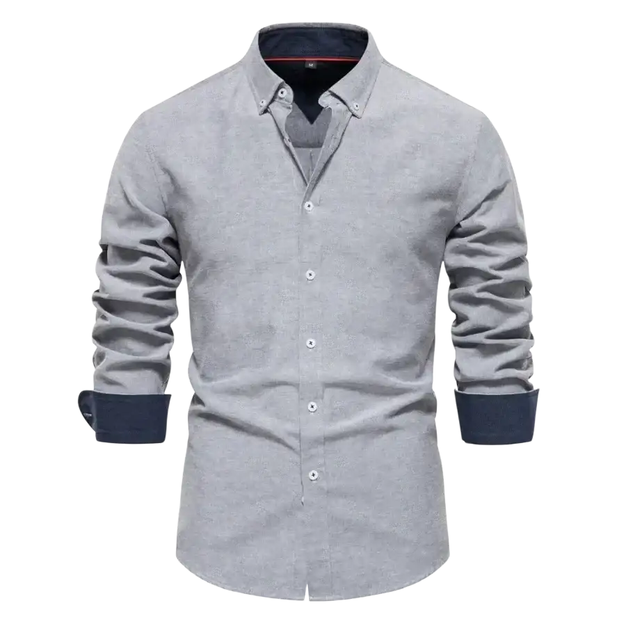 Gray textured men’s dress shirt with navy blue contrast collar and cuffs ideal for fashion social shirts and events