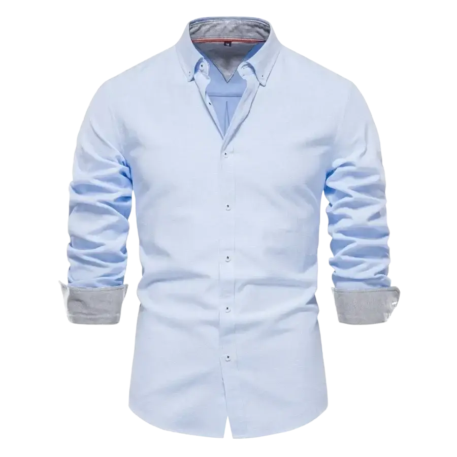 Light blue dress shirt with contrasting gray cuffs and collar lining ideal for fashion social shirts and formal wear