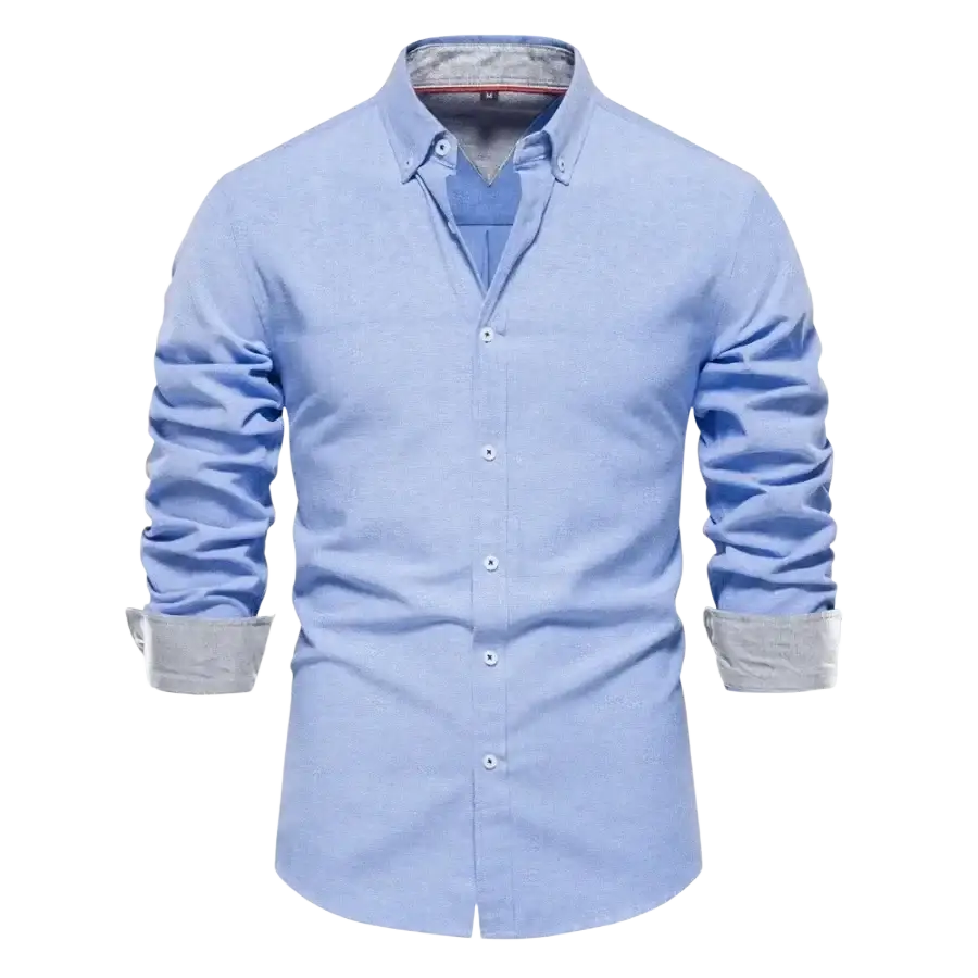 Light blue dress shirts with contrasting gray cuffs and collar lining long sleeve fashion social shirts for men