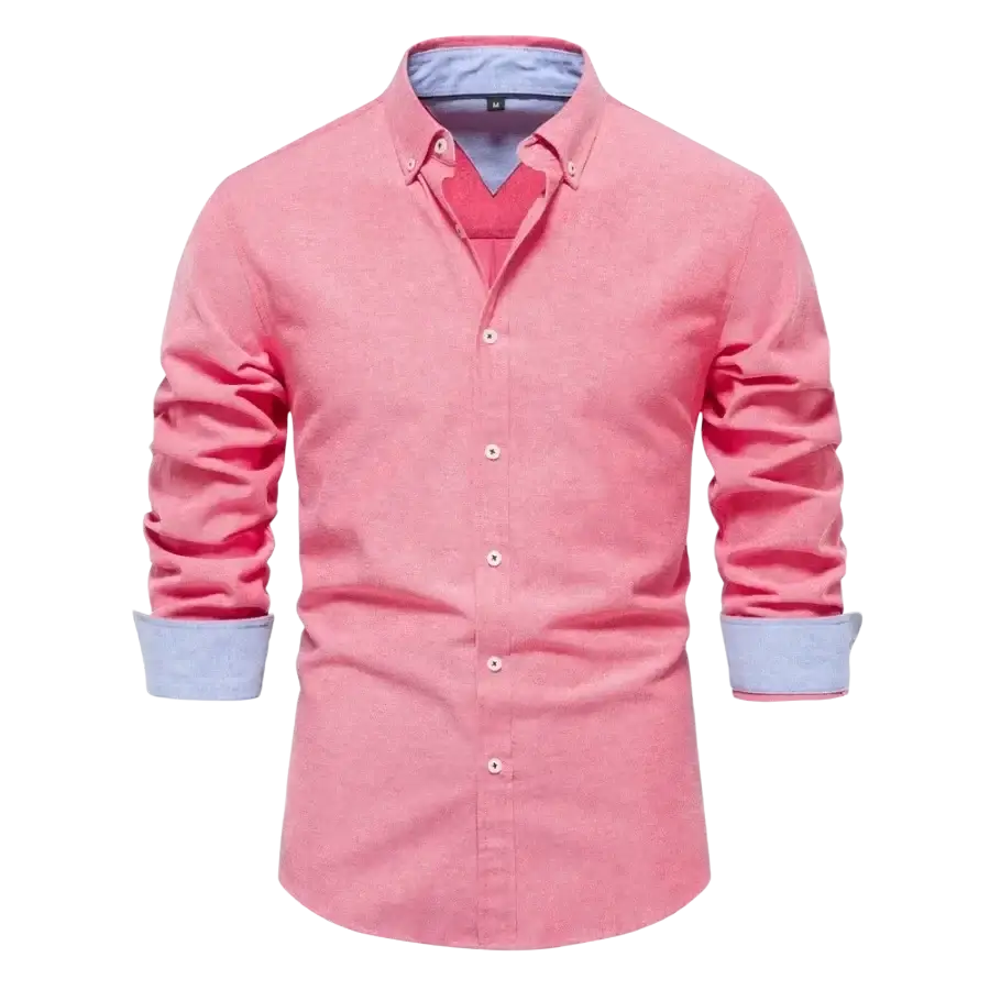 Pink long-sleeved dress shirt with light blue contrast collar and cuffs, ideal for fashion social shirts and formal wear
