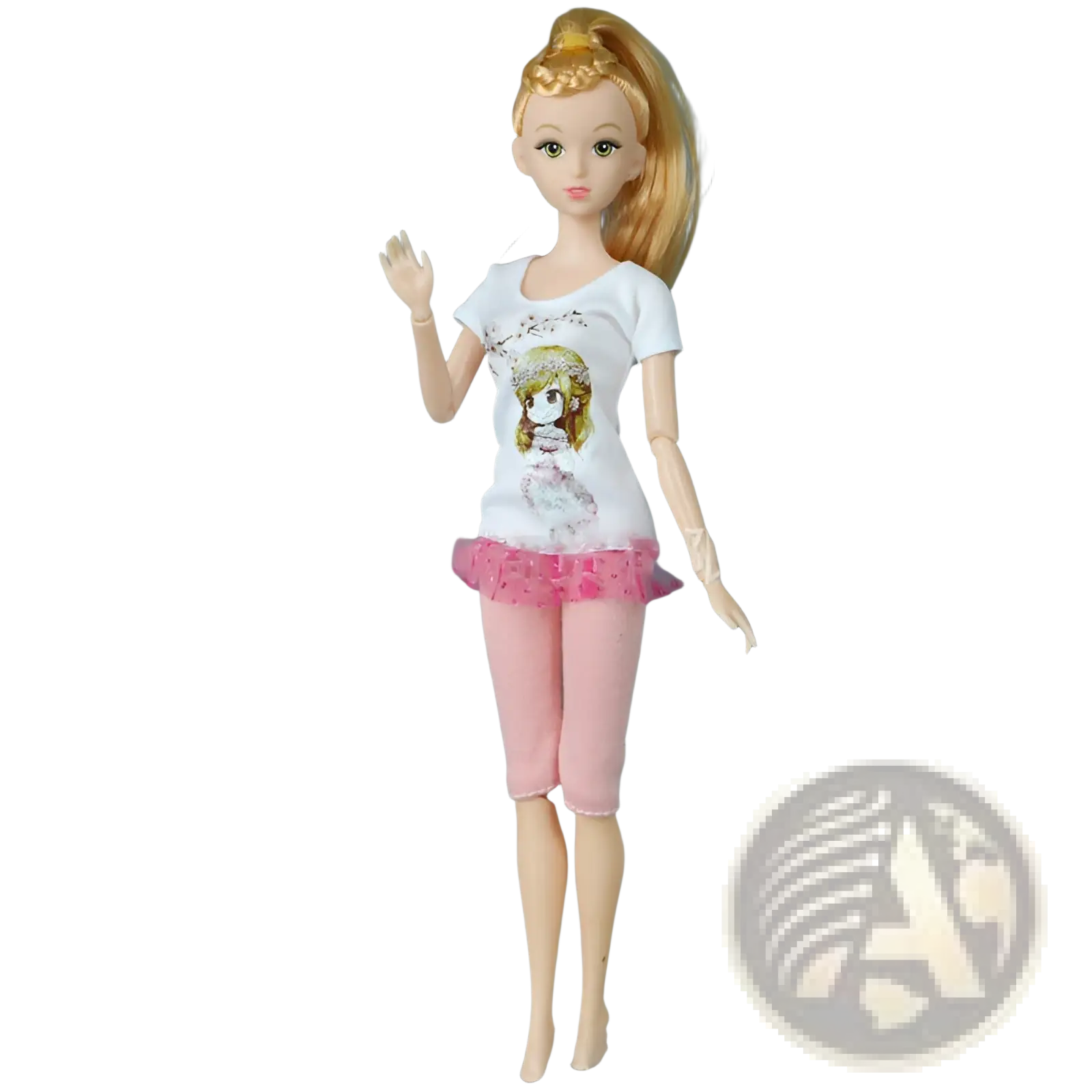 A blonde dress up doll wearing a white t-shirt with cartoon girl print and pink ruffled shorts for kids