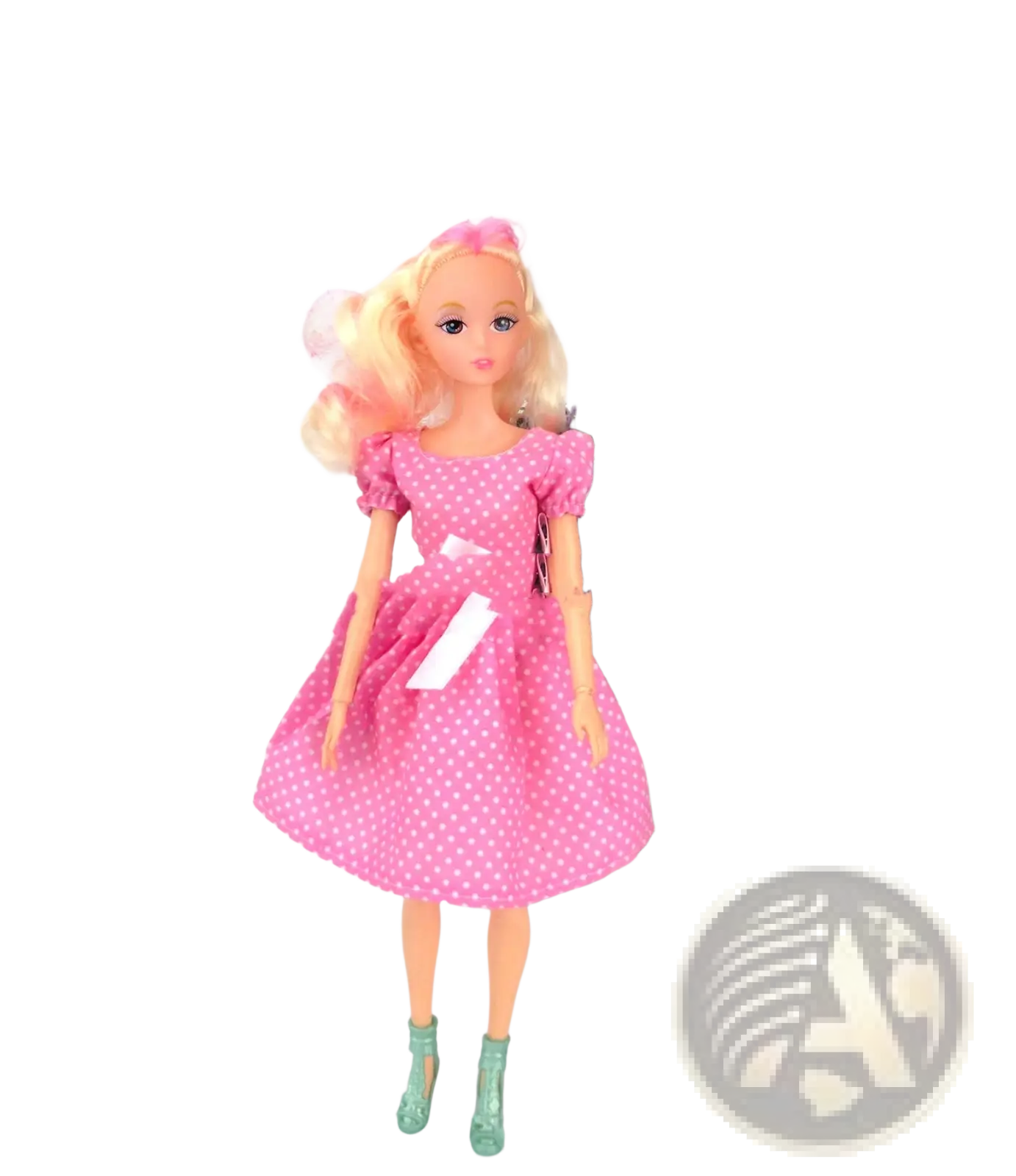 A blonde dress up doll wearing a pink polka dot fashion suit with puffed sleeves and teal glittery boots for kids