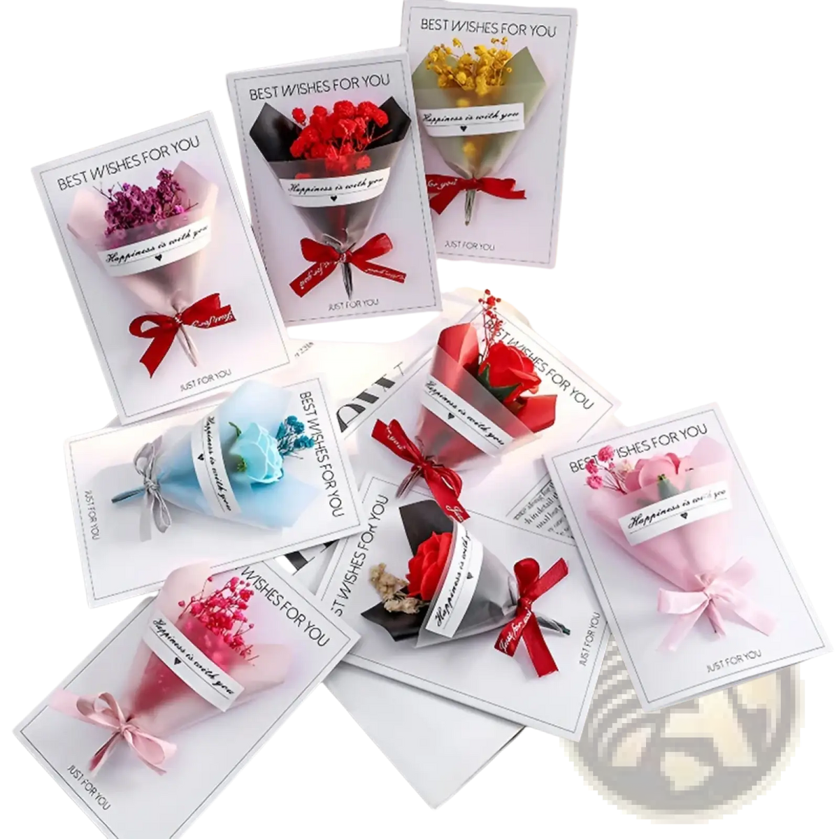 A collection of small colorful dried flower greeting card gift bouquets wrapped in translucent paper with satin ribbons