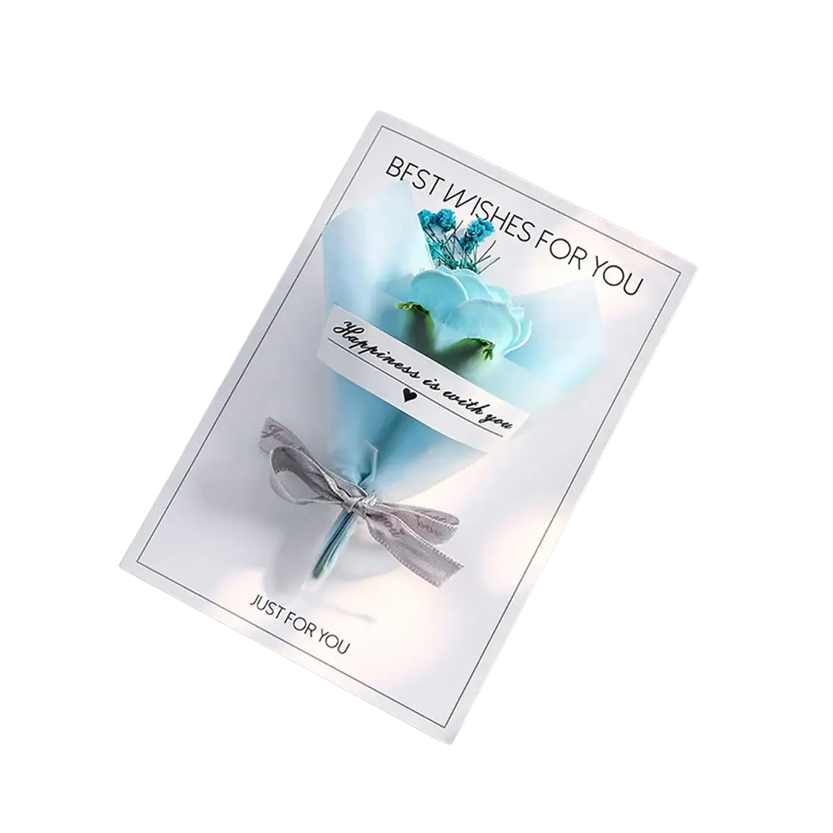 A delicate light blue dried flower greeting card handmade gift bouquet wrapped in sheer fabric with a silver ribbon