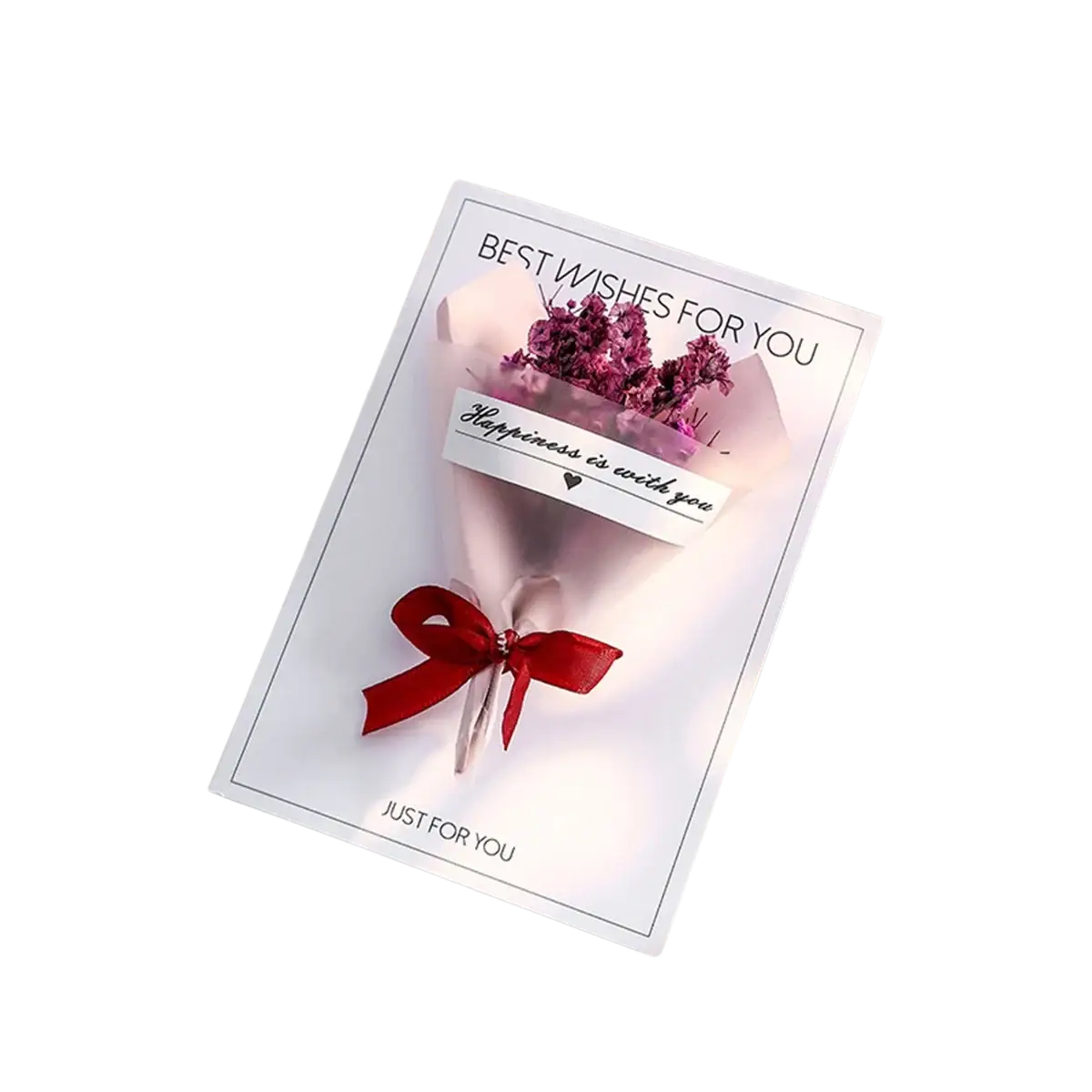 A delicate pink dried flower greeting card handmade gift bouquet wrapped in sheer paper with a red ribbon and best wishes text