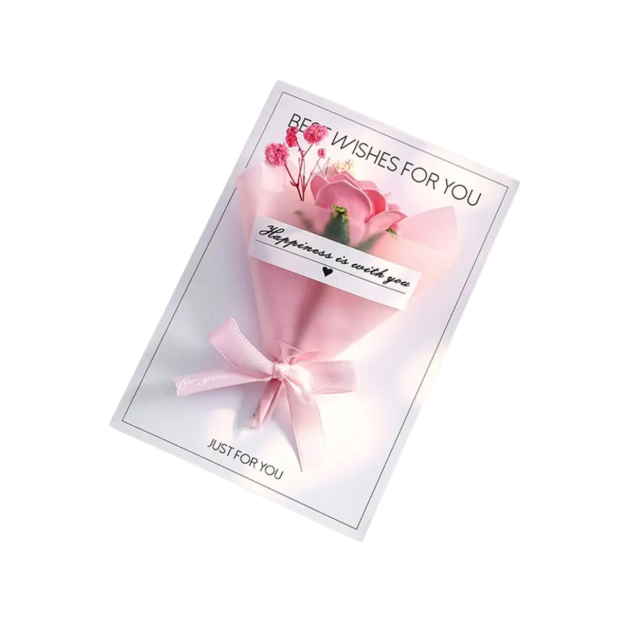 Dried flower greeting card with pink floral bouquet wrapped in pink tissue paper and tied with a delicate bow