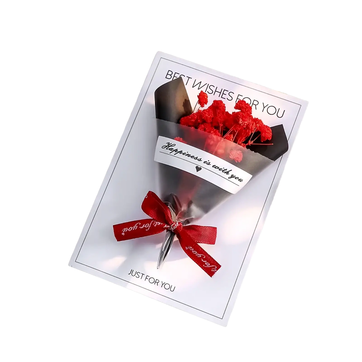 Red dried flower greeting card bouquet wrapped in silver foil and tied with matching ribbon on white card
