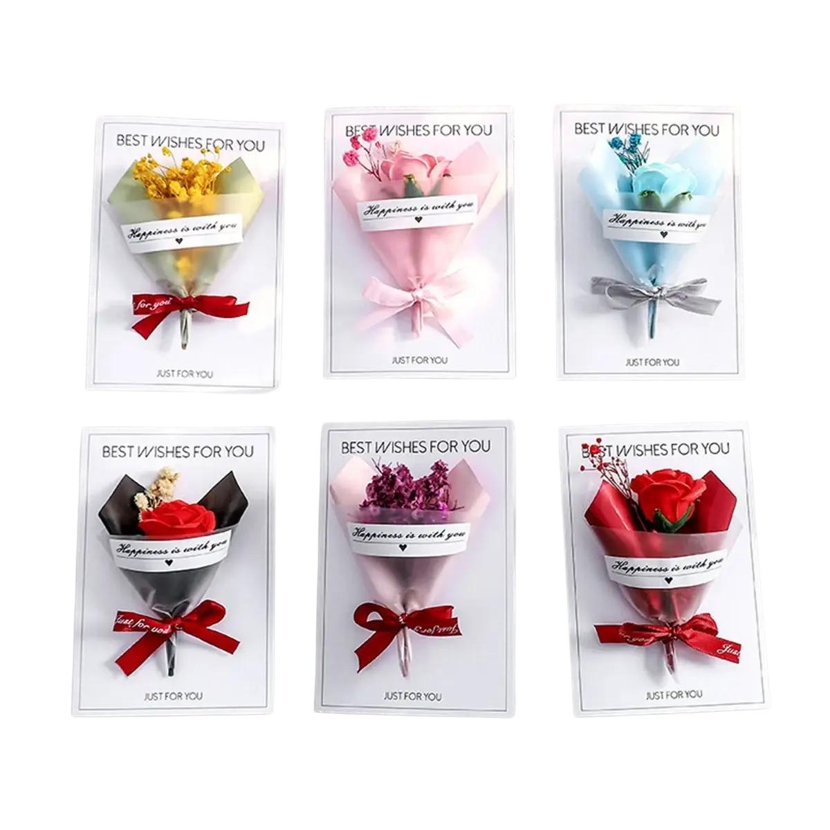 Six handmade dried flower greeting card gift bouquets featuring different colored flowers wrapped in coordinating paper with ribbon bows