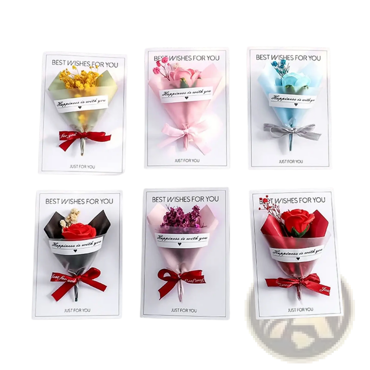 Six handmade dried flower greeting card gift bouquets featuring different colored flowers wrapped in coordinating paper with ribbon bows