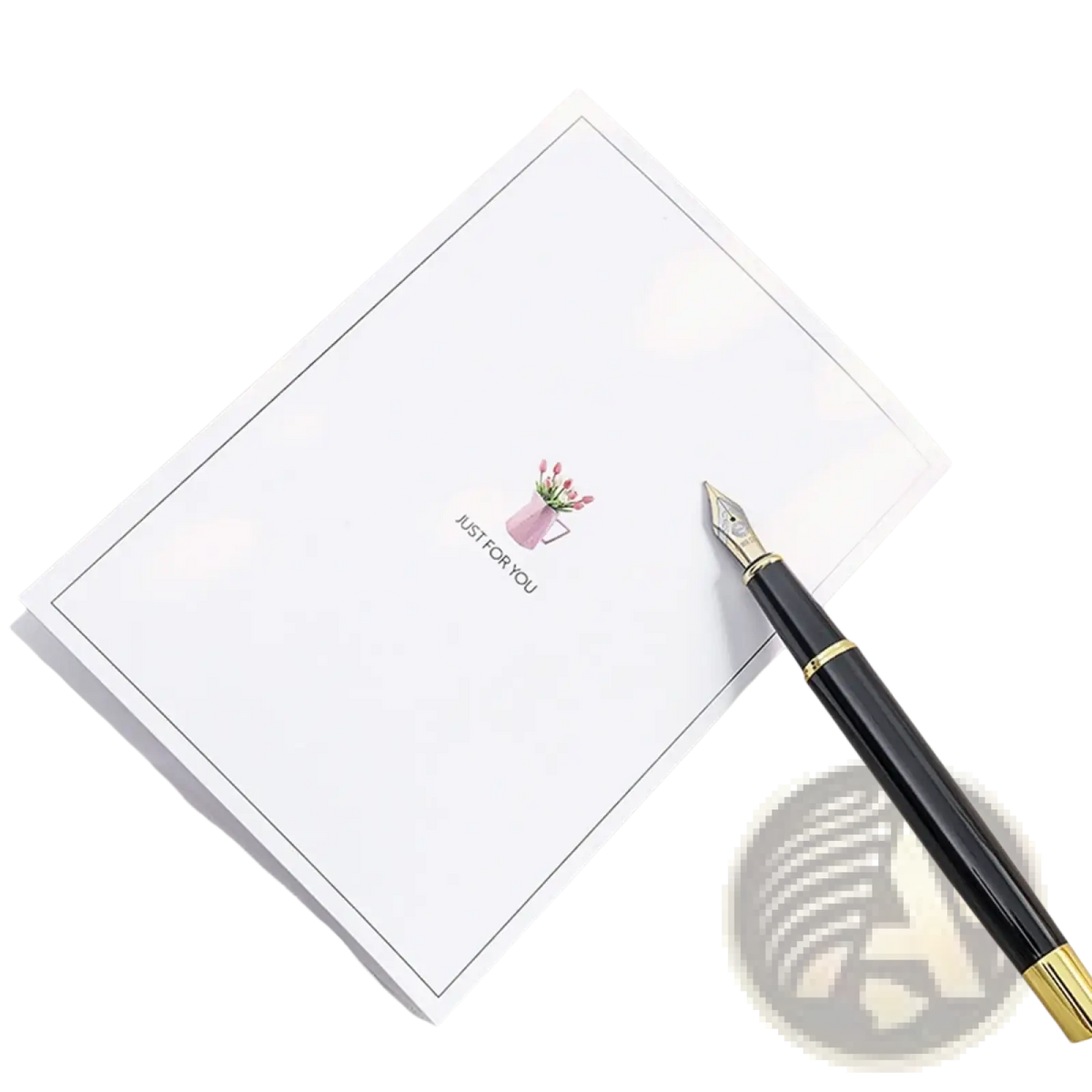 Dried flower greeting card handmade gift bouquet with white notepad featuring pink watering can and just for you text alongside black fountain pen
