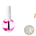 A clear glass bottle with a white cap filled with vibrant pink strawberry-scented dried flower revitalizing nail and cuticle treatment oil