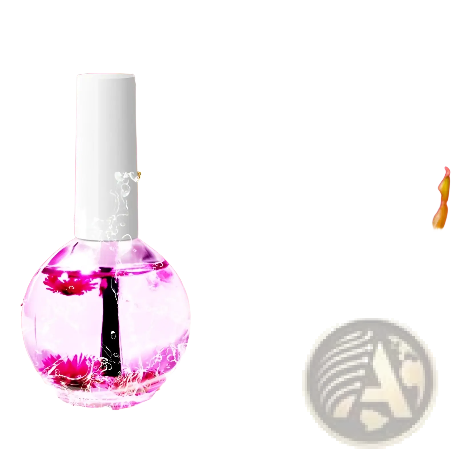 A clear glass bottle with a white cap filled with vibrant pink strawberry-scented dried flower revitalizing nail and cuticle treatment oil