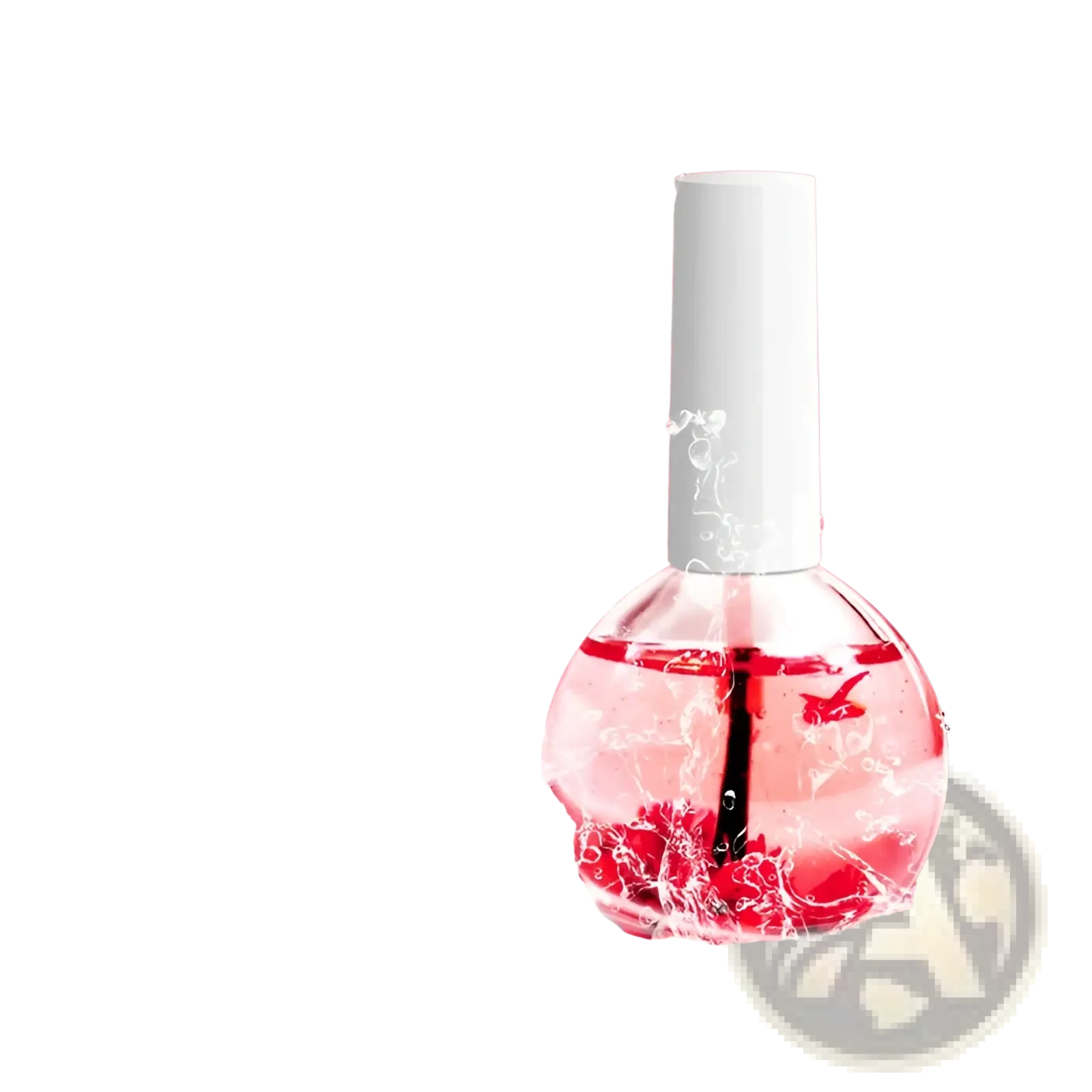 A clear glass bottle with a white cap filled with vibrant red dried flower revitalizing nail and cuticle treatment oil