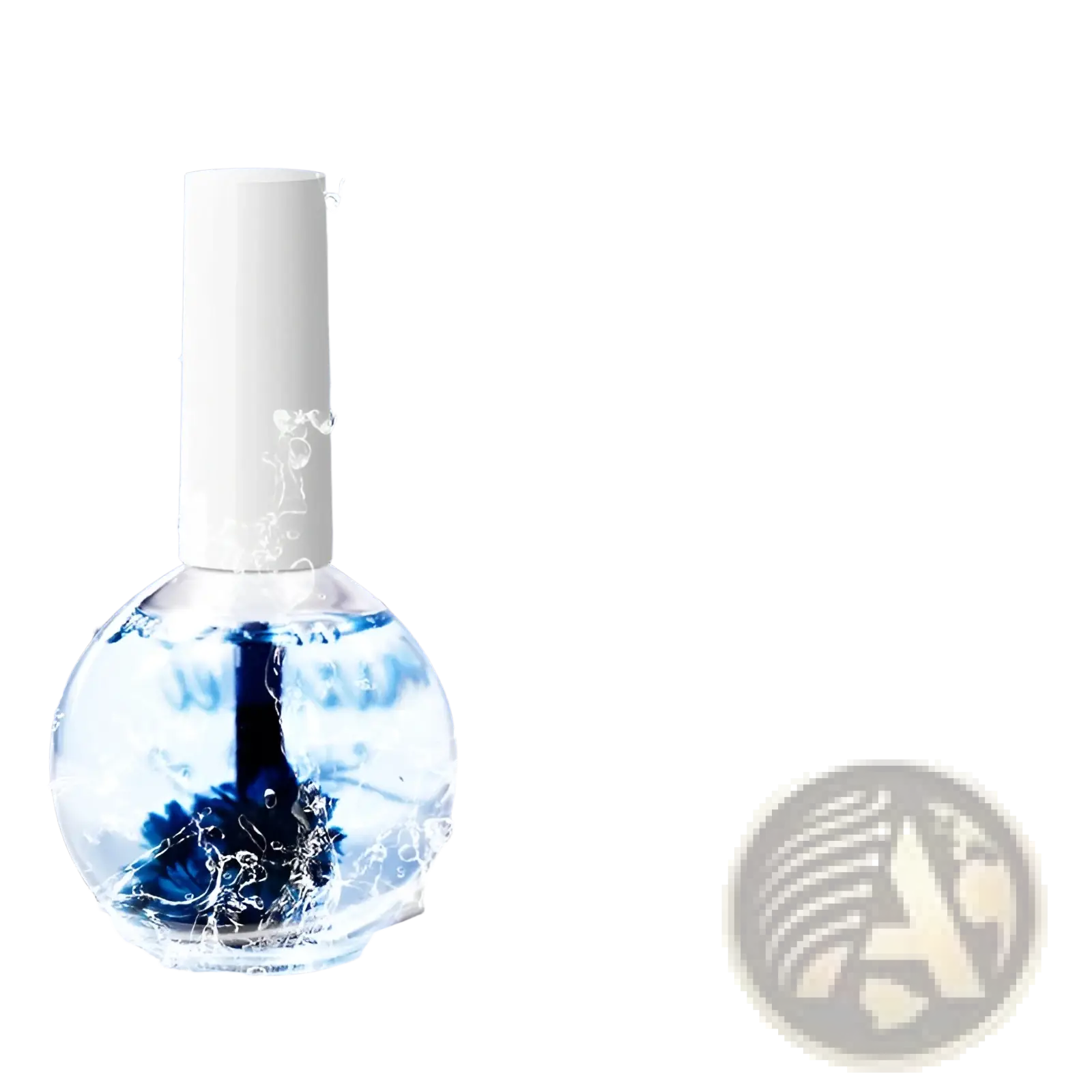 A clear glass bottle with white cap containing blue dried flower revitalizing nail and cuticle treatment oil labeled 003 blueberries