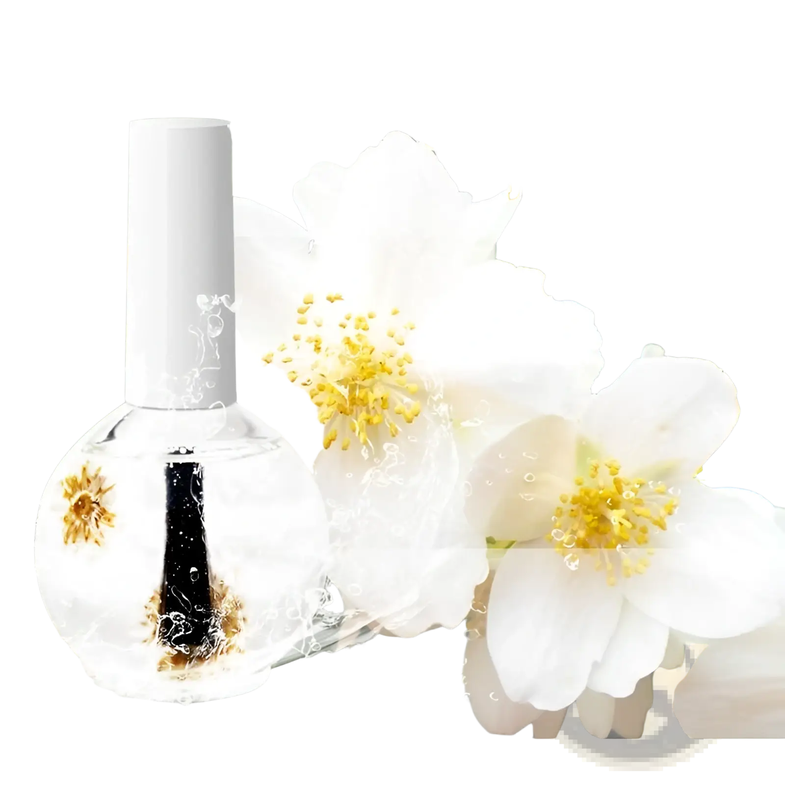 Clear glass nail polish bottle with white cap and black brush containing golden jasmine flowers for nail and cuticle treatment oil