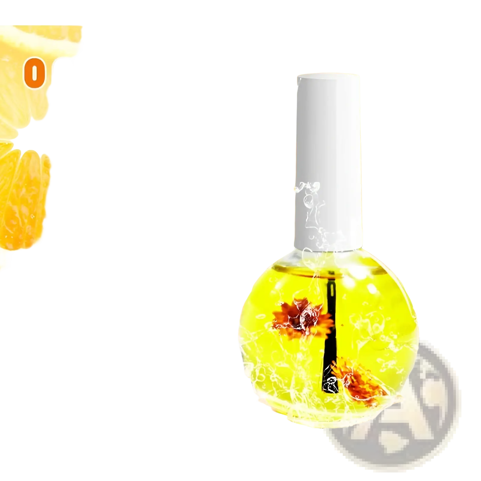 A clear glass bottle with white cap filled with vibrant yellow-orange dried flower nail and cuticle treatment oil