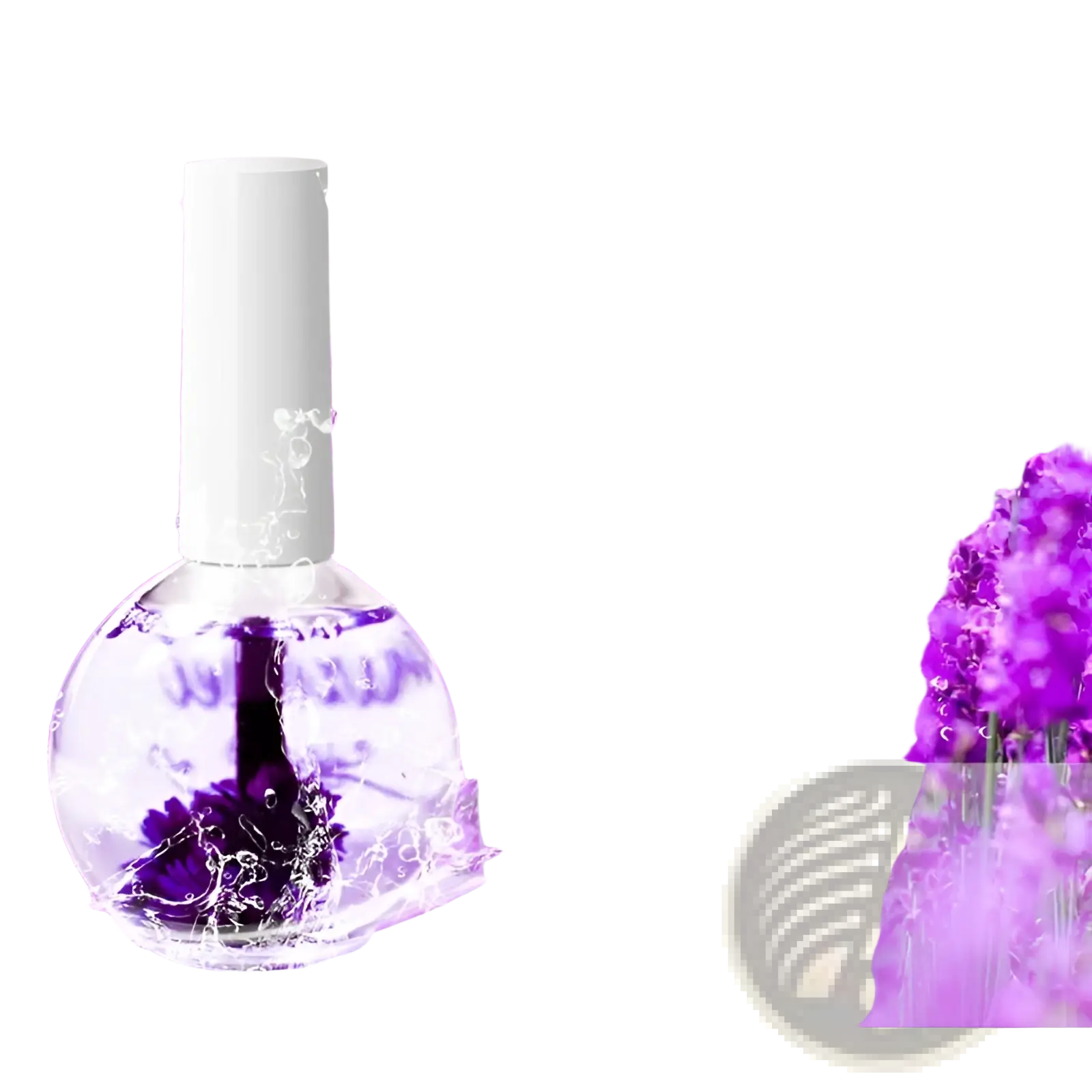 A clear glass bottle of dried flower revitalizing nail and cuticle treatment oil with lavender liquid and flowers