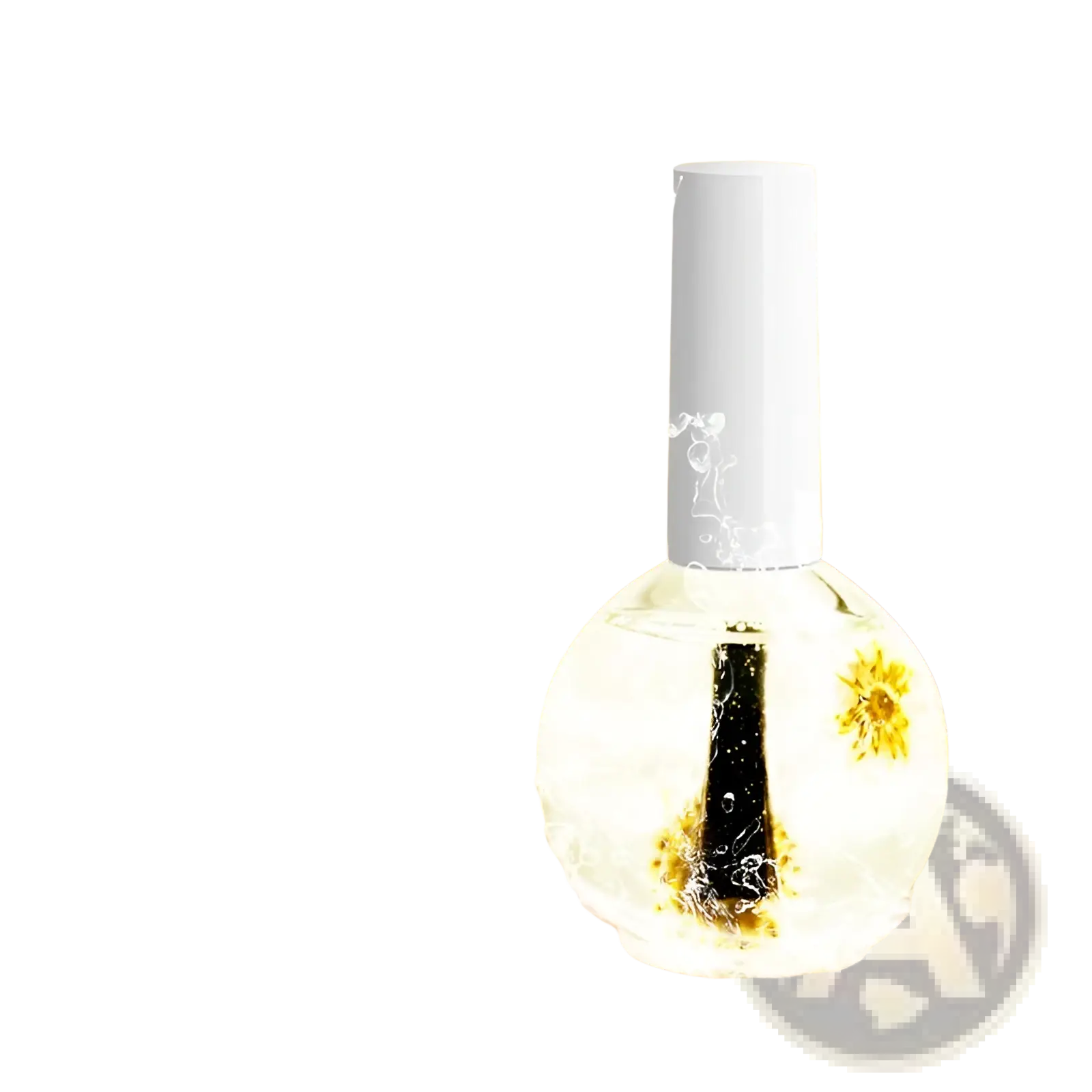 Clear nail polish bottle with white cap and embedded yellow flowers labeled 008 lemon for nail and cuticle treatment oil