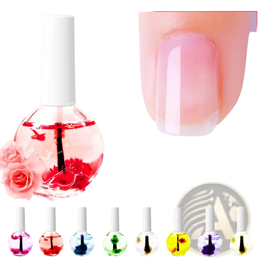 Clear glass nail polish bottle with white cap filled with red dried flower revitalizing nail and cuticle treatment oil