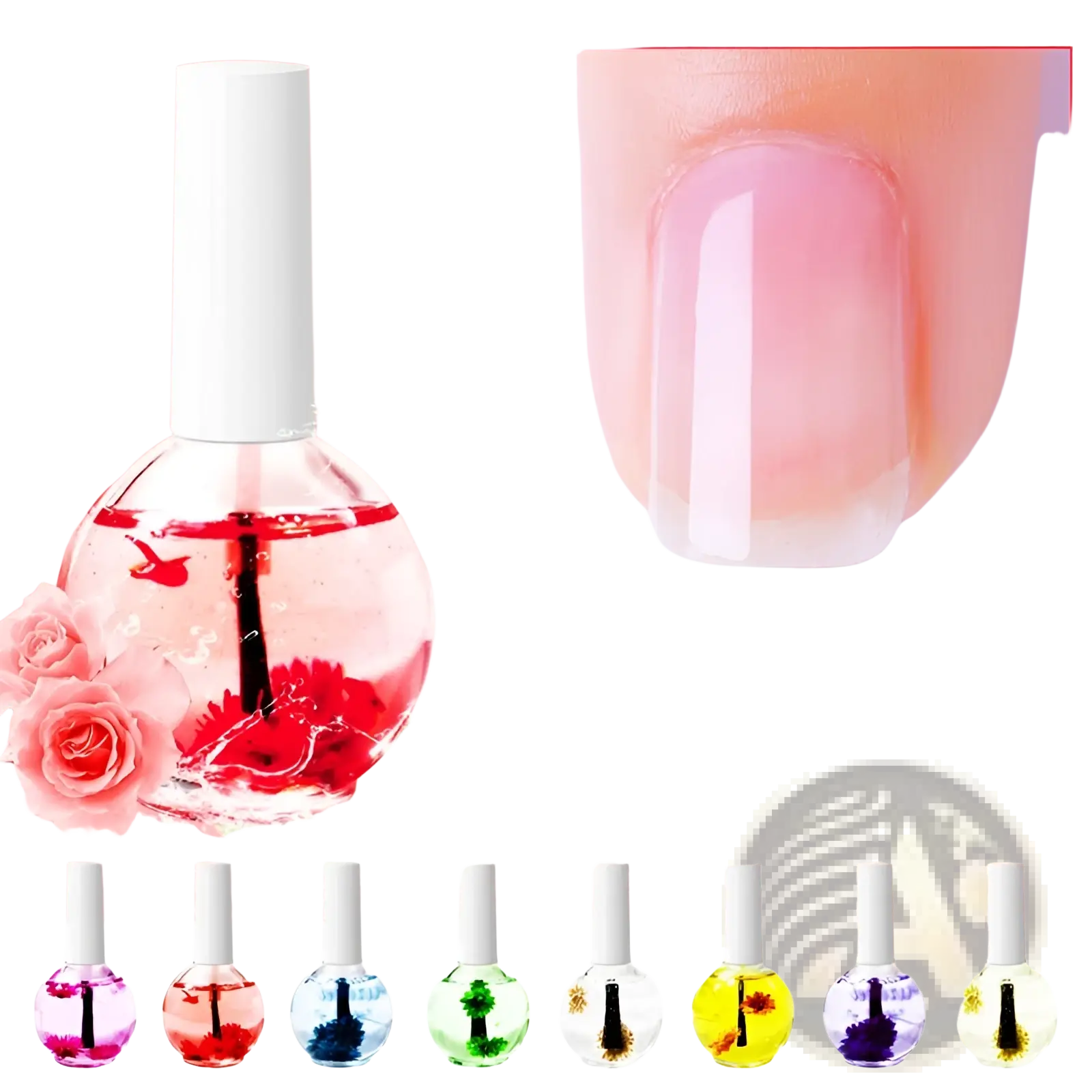 Clear glass bottle of dried flower revitalizing nail and cuticle treatment oil with white cap and red liquid inside