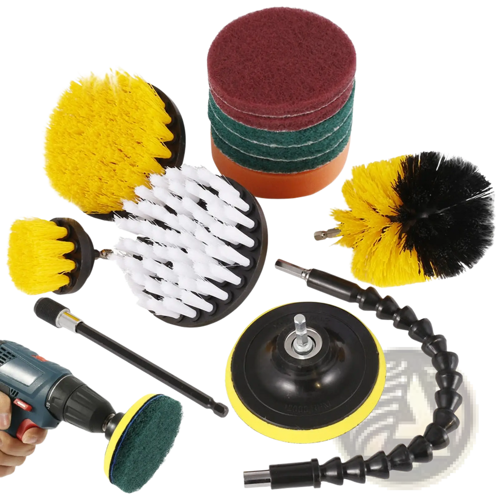 13-piece drill brush attachment set with colorful bristle brushes, abrasive pads, gooseneck arm, and polishing pad for cleaning