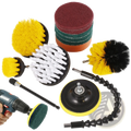 13-piece drill brush attachment set with colorful bristle brushes, abrasive pads, gooseneck arm, and polishing pad for cleaning