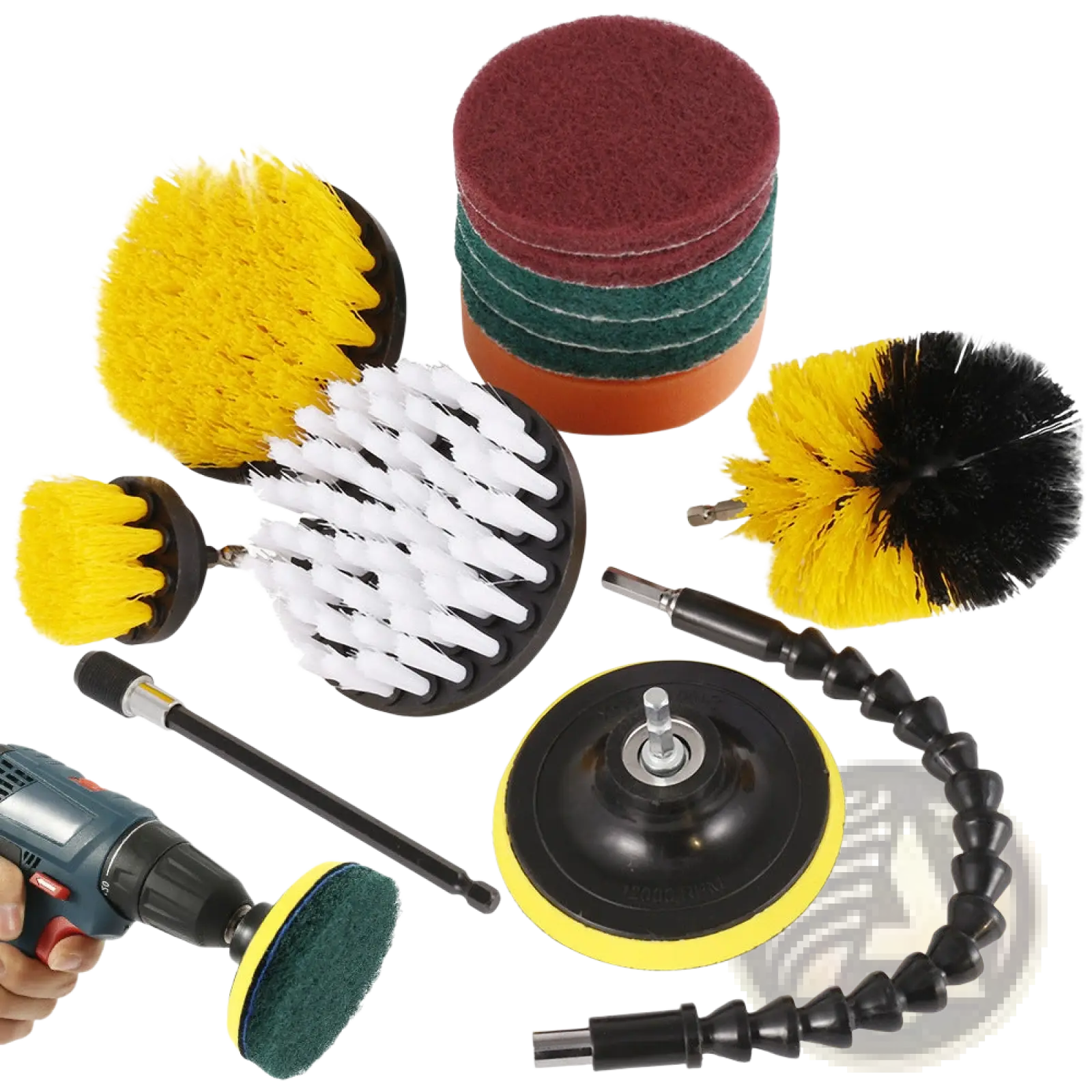 13-piece drill brush attachment set with colorful bristle brushes, abrasive pads, gooseneck arm, and polishing pad for cleaning