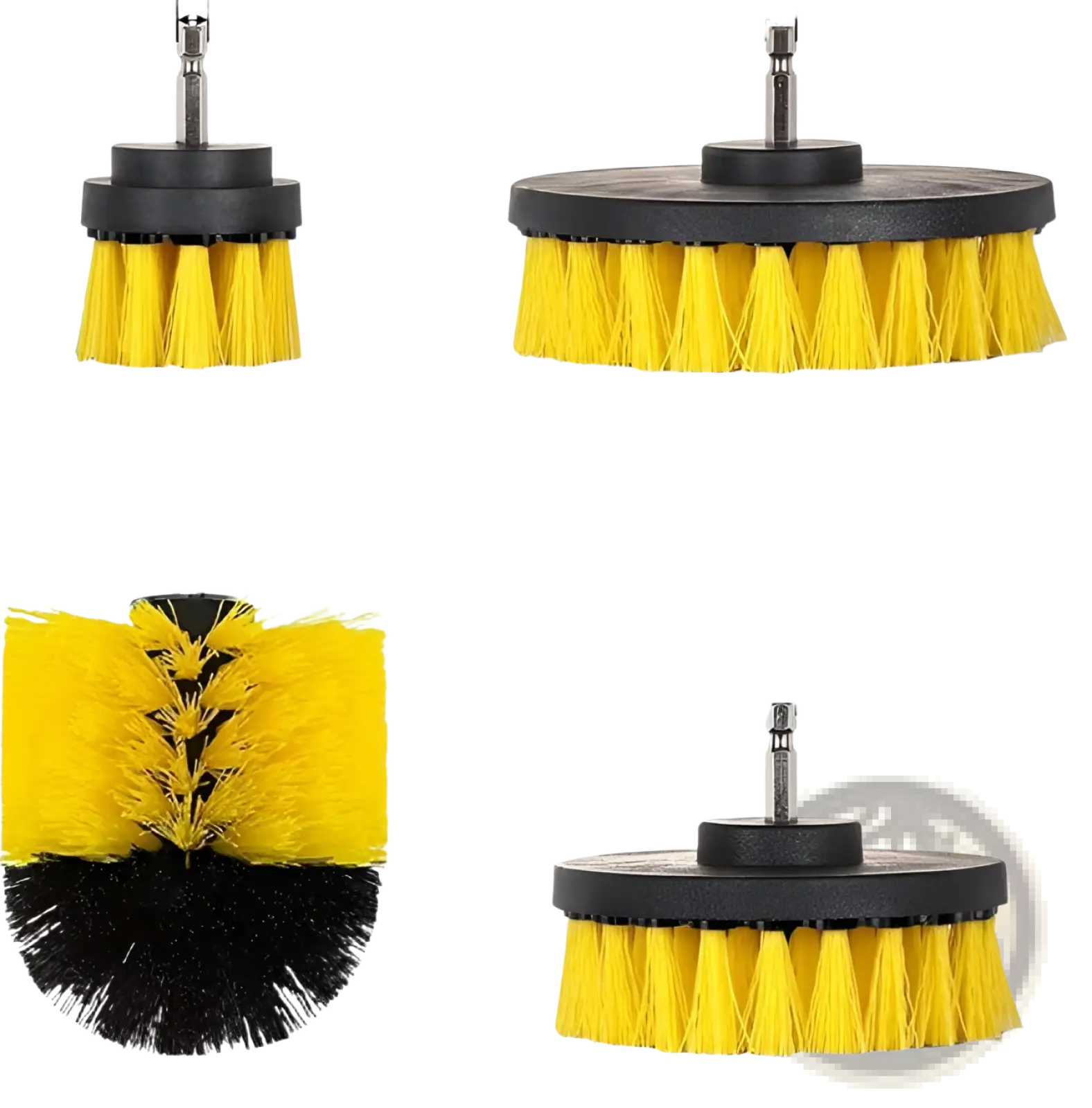 Set of four yellow and black rotary brush attachments with 1/4-inch shank for kitchen and car cleaning power tools