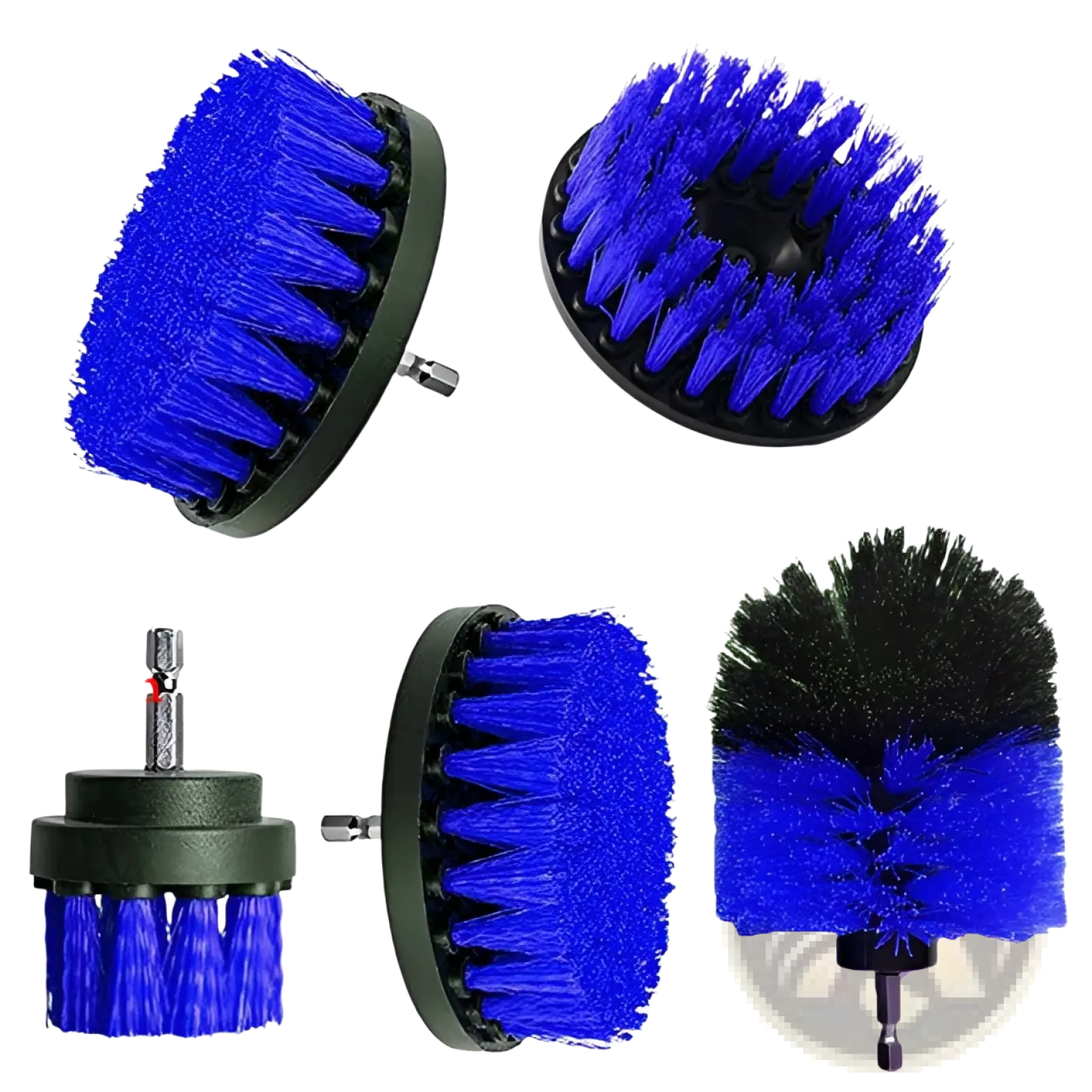 Set of five blue bristle drill brush attachments with black plastic bases and metal shafts for kitchen and car cleaning