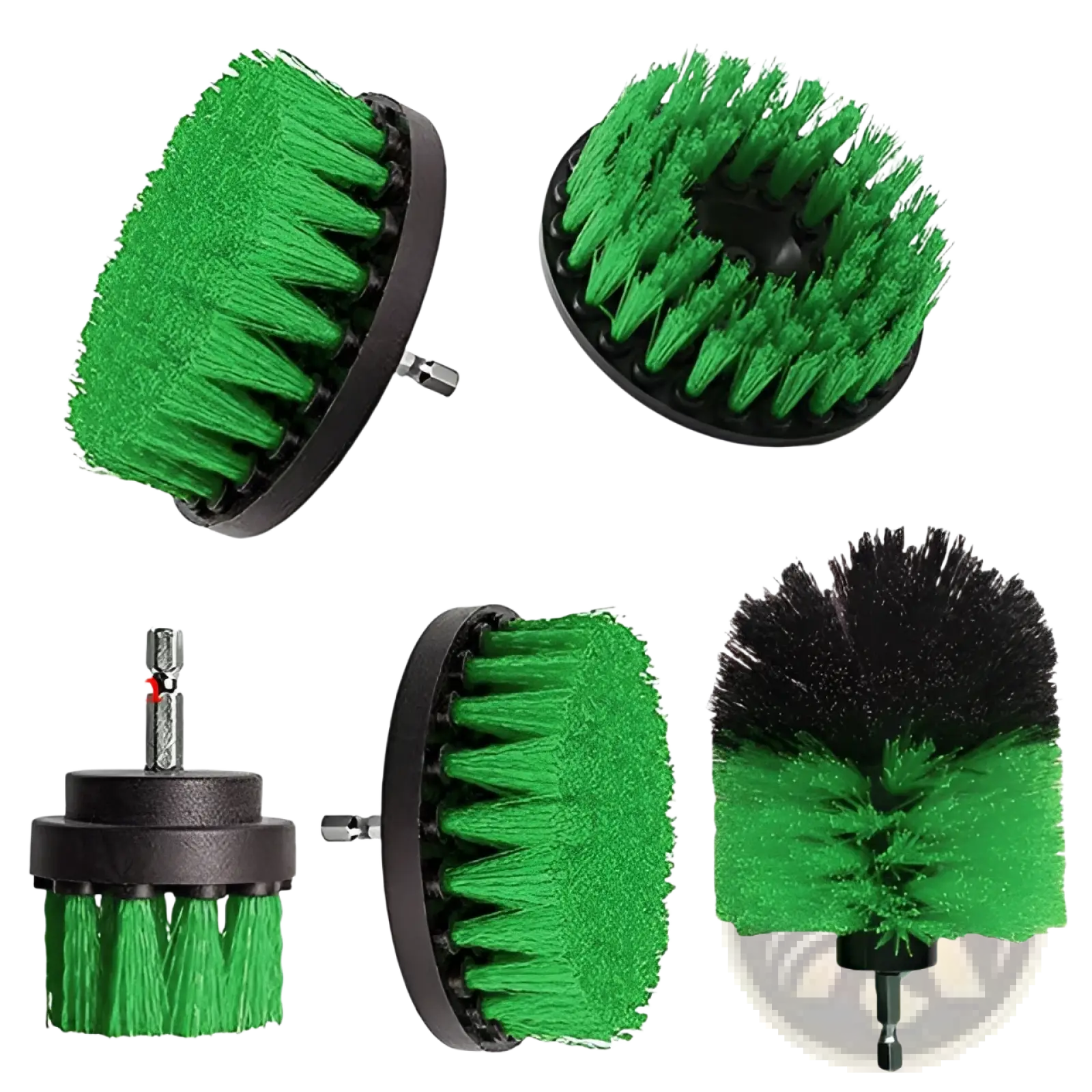 Set of five green and black rotary drill brush attachments with durable bristles for kitchen and car cleaning