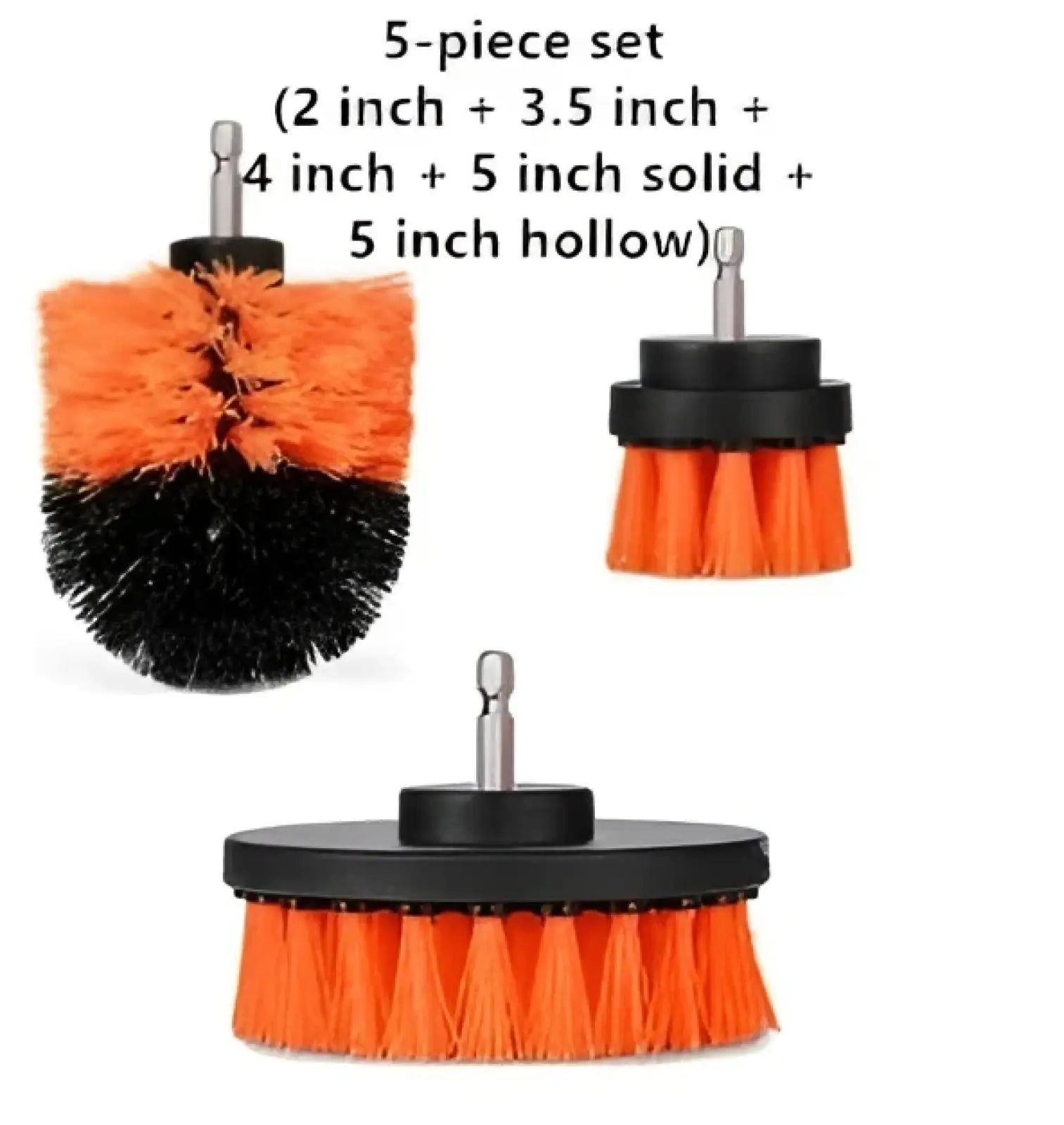 Drill brush attachment set with orange and black bristles in varying sizes for kitchen and car cleaning tasks