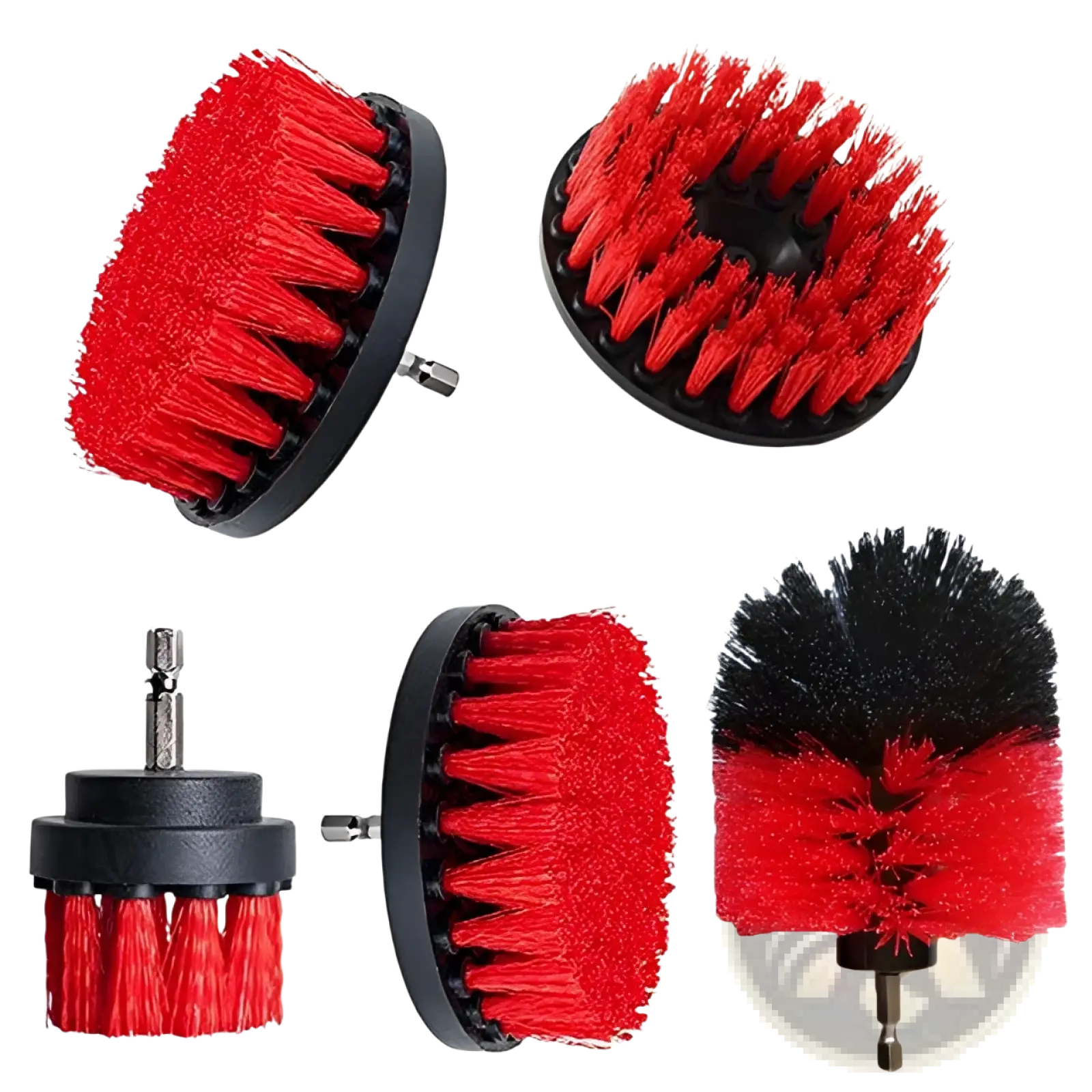 Set of five red and black drill brush attachments with durable bristles for kitchen and car cleaning in various sizes