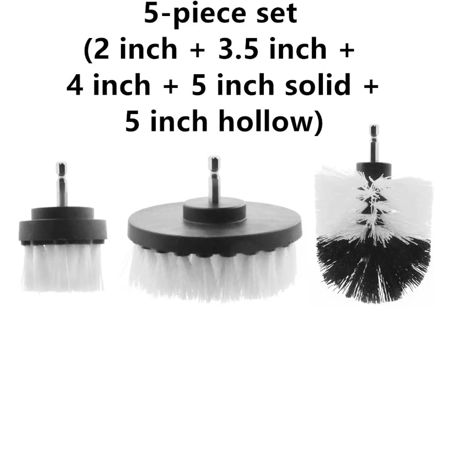 Five-piece set of black and white bristle drill brushes designed for kitchen and car cleaning with varied sizes and shapes