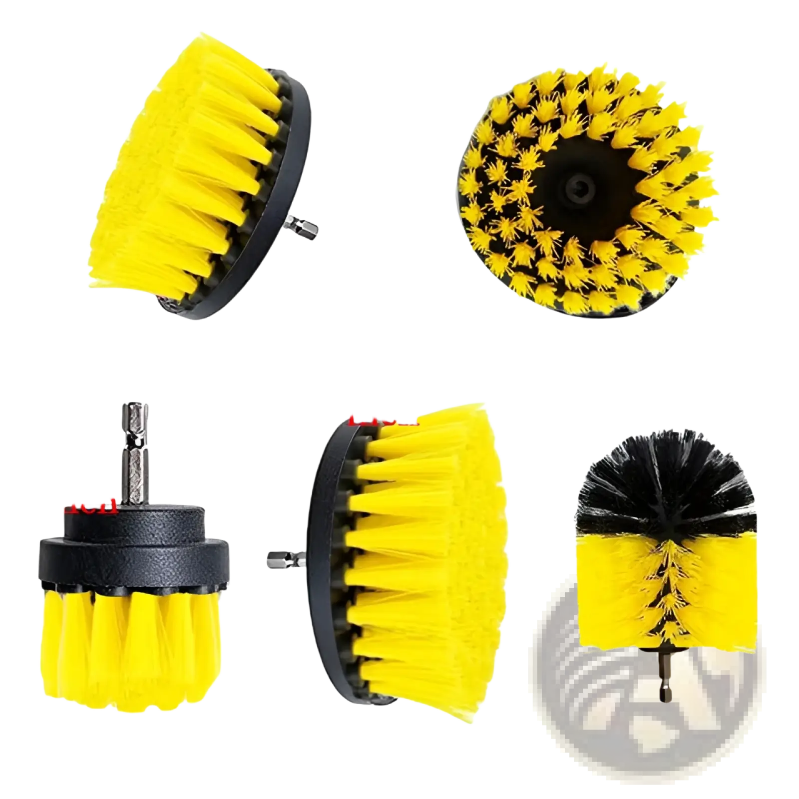 Set of five yellow bristle drill brush attachments with black plastic bases and metal shafts for kitchen and car cleaning