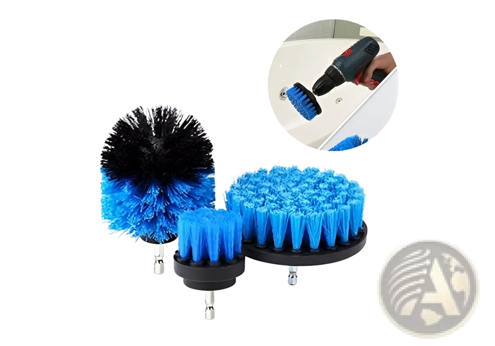Set of three drill brush attachments with blue and black bristles on black plastic bases for kitchen and car cleaning