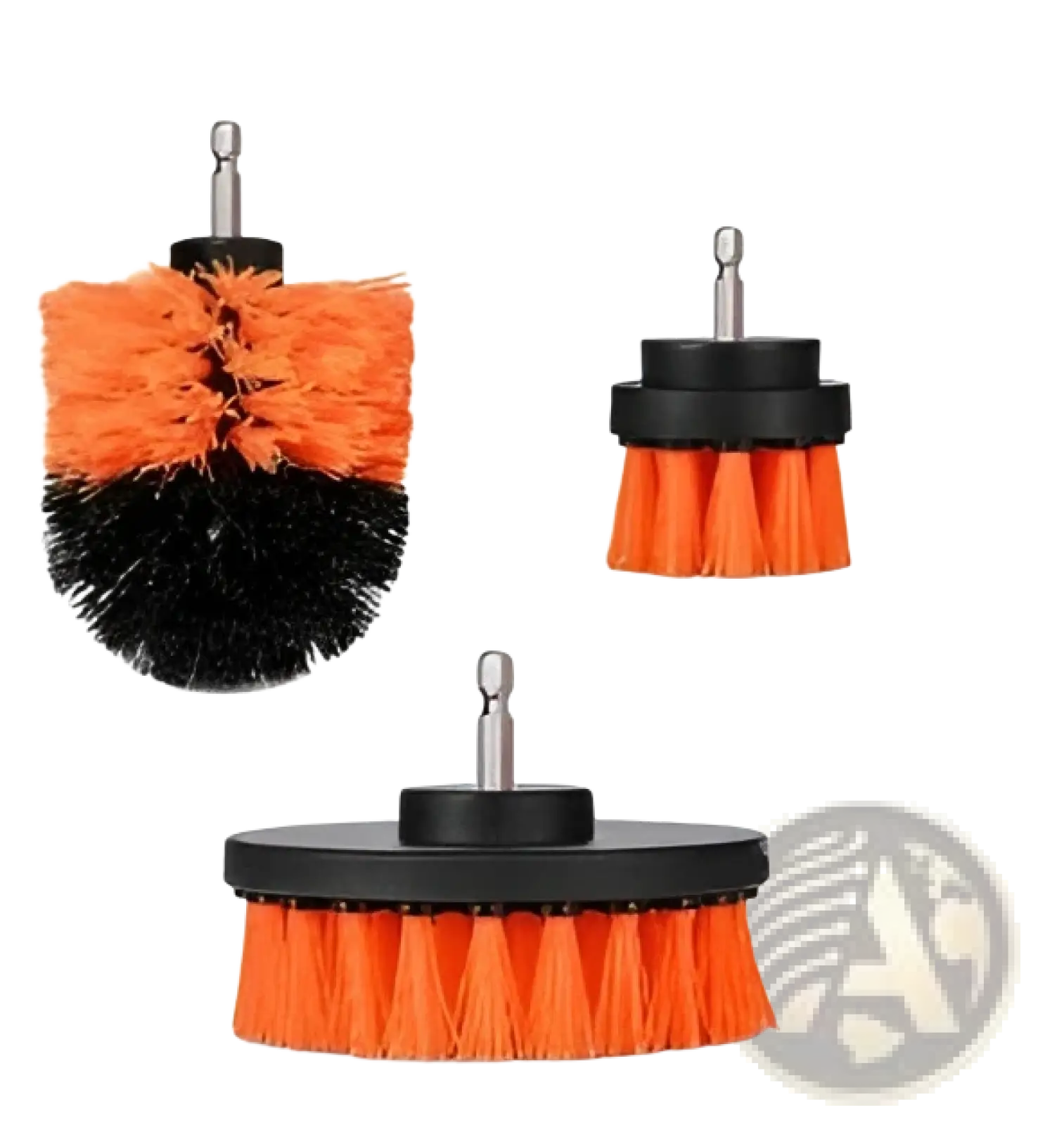 Set of three orange and black drill brush attachments for kitchen and car cleaning with durable bristles