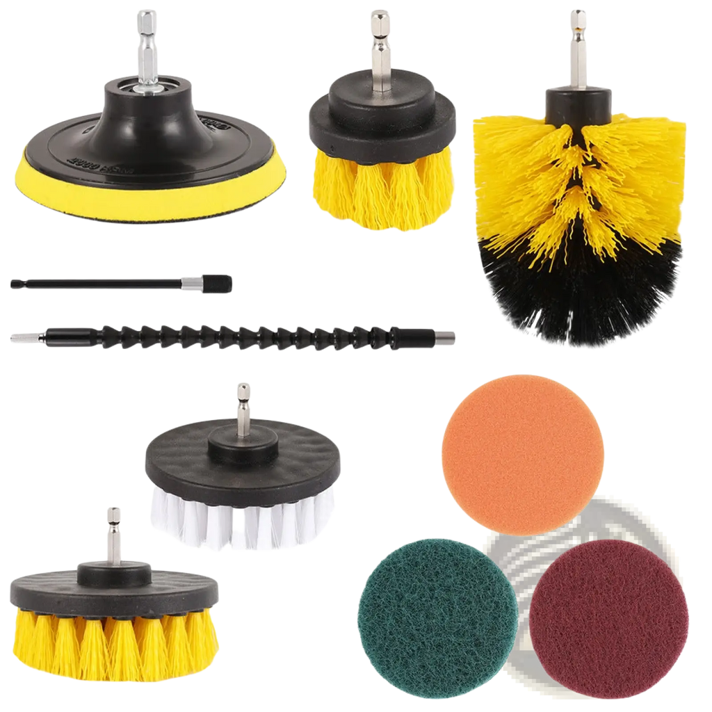 Yellow and black bristle drill brush attachment with black plastic handle for kitchen and car cleaning tasks