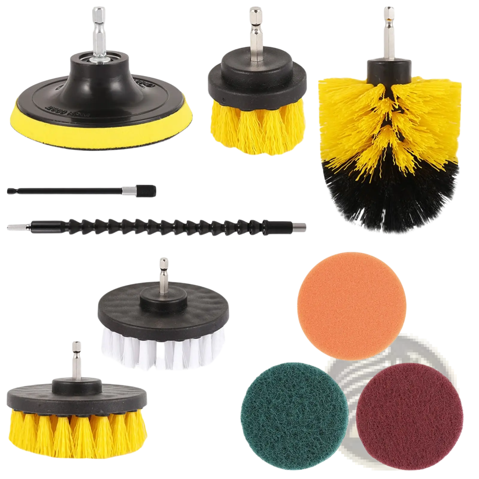 Yellow and black bristle drill brush attachment with black plastic handle for kitchen and car cleaning tasks