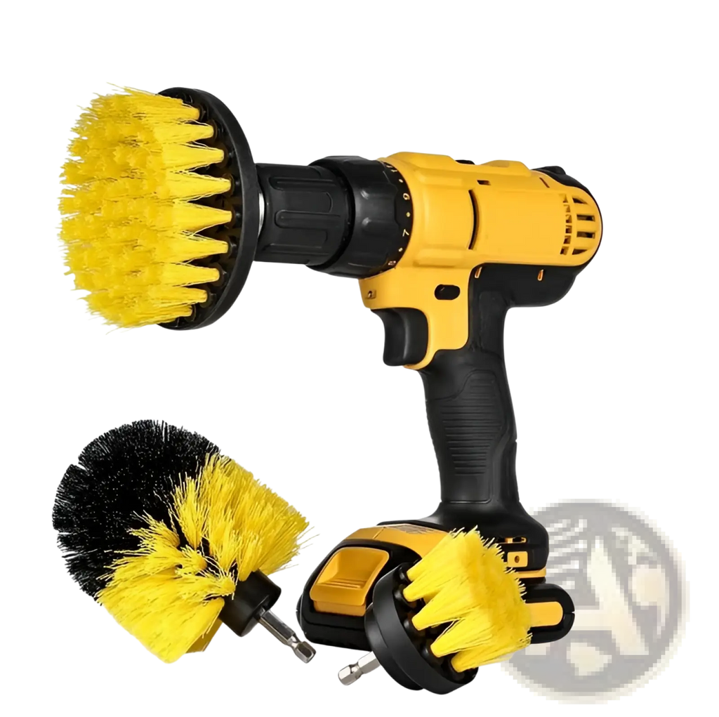 Yellow and black cordless drill with three interchangeable nylon brush attachments for kitchen and car cleaning tasks