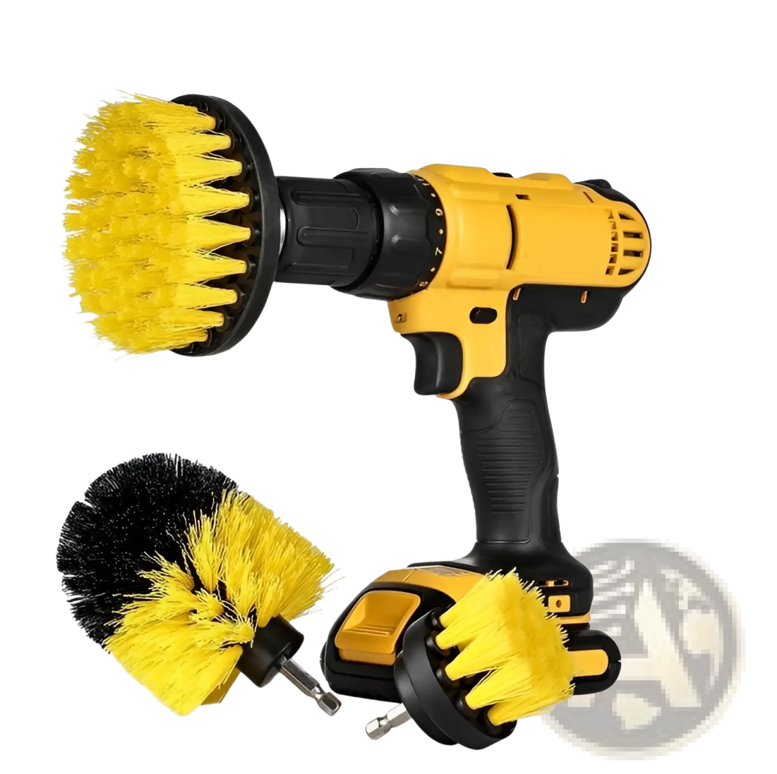 Yellow and black cordless drill with three interchangeable nylon brush attachments for kitchen and car cleaning tasks