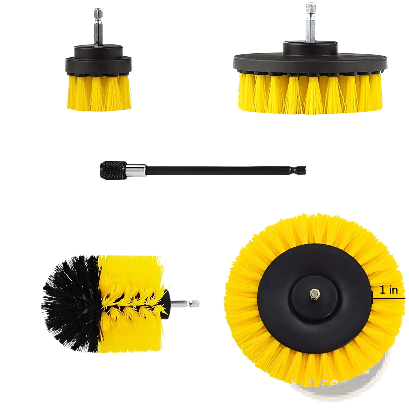 Set of four yellow and black drill brush attachments with durable bristles for kitchen and car cleaning tasks