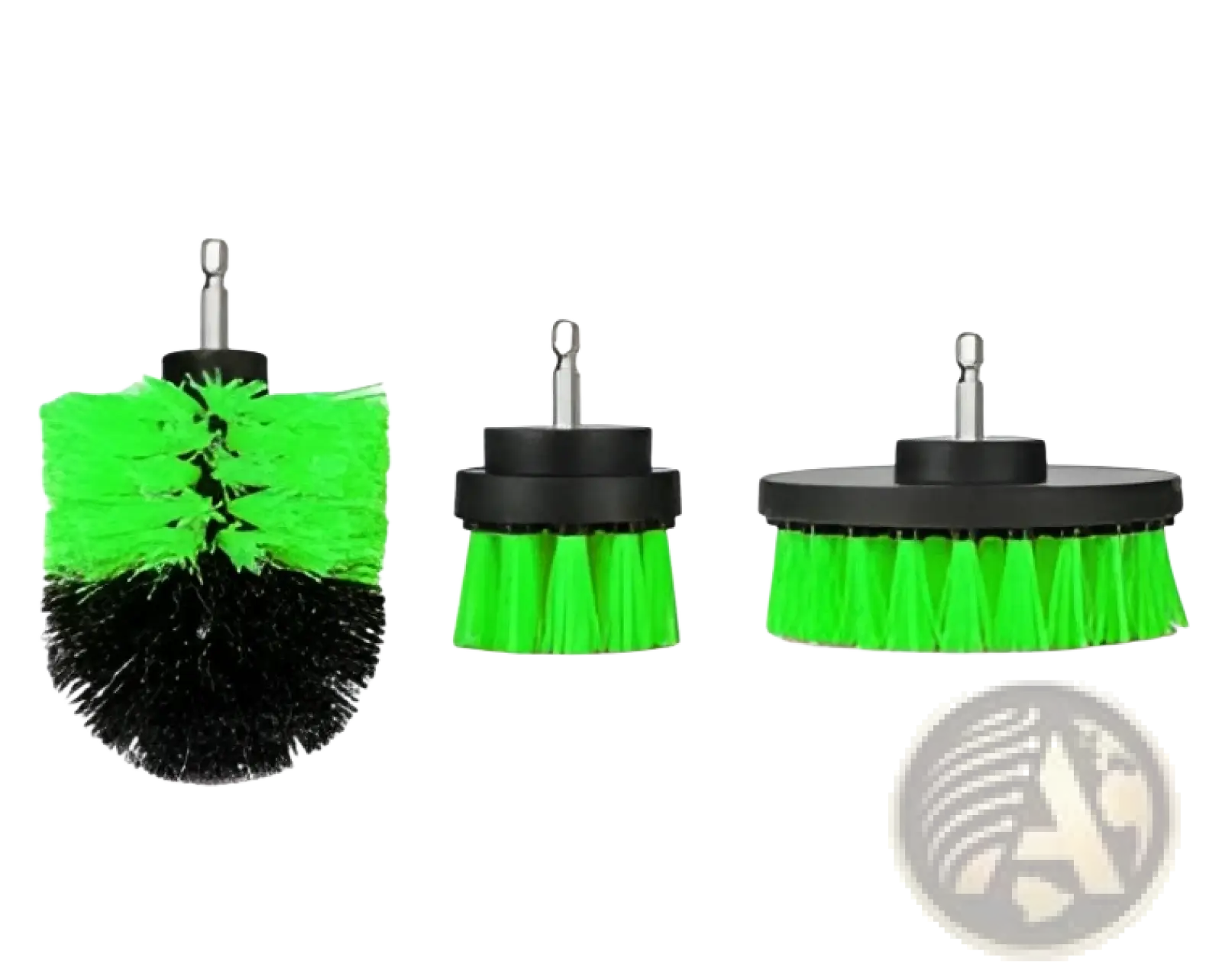 Set of three green and black rotary drill brush attachments with metal shafts for kitchen and car cleaning
