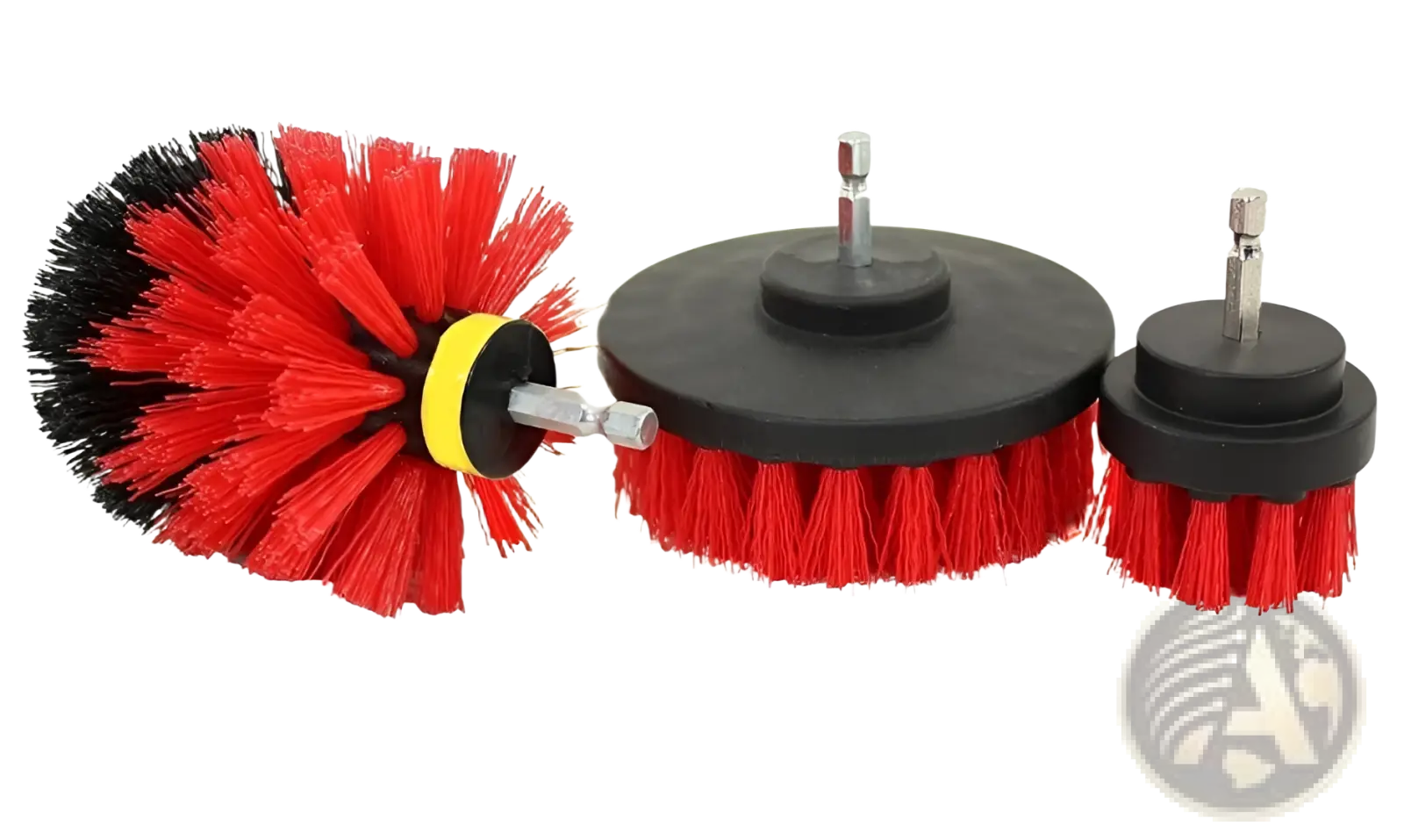 Drill brush attachment set featuring red and black bristle heads with yellow accents for kitchen and car cleaning