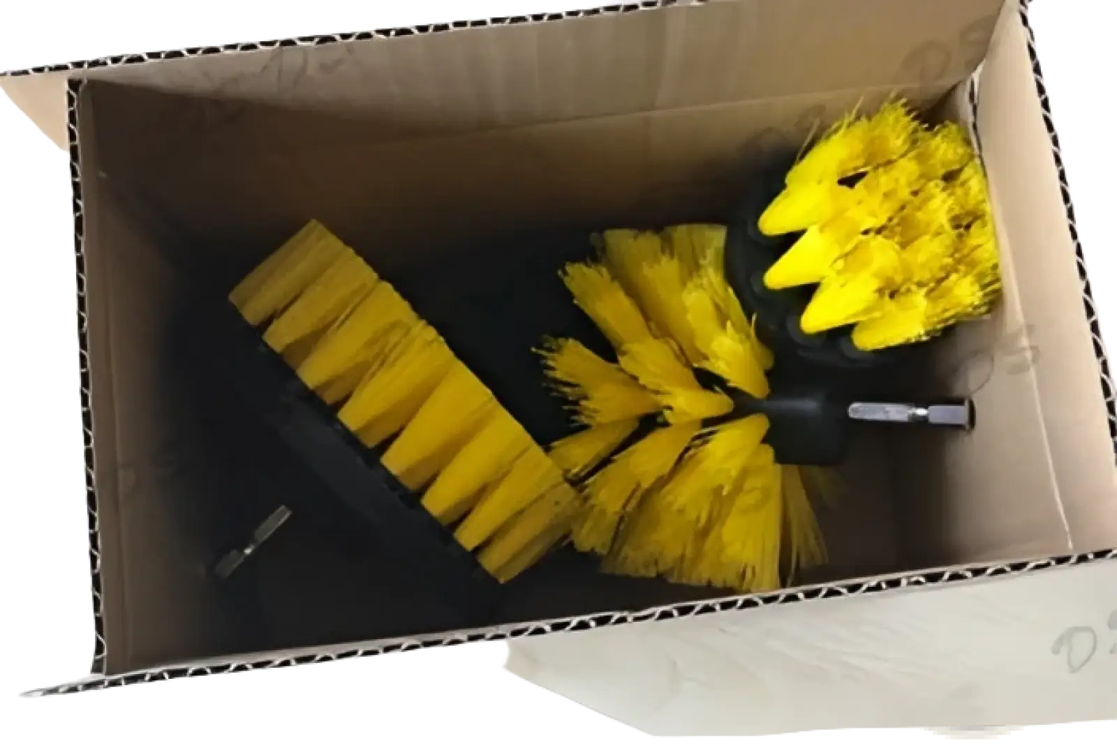 Yellow bristle drill brush attachment with black handle packaged in a cardboard box for kitchen and car cleaning
