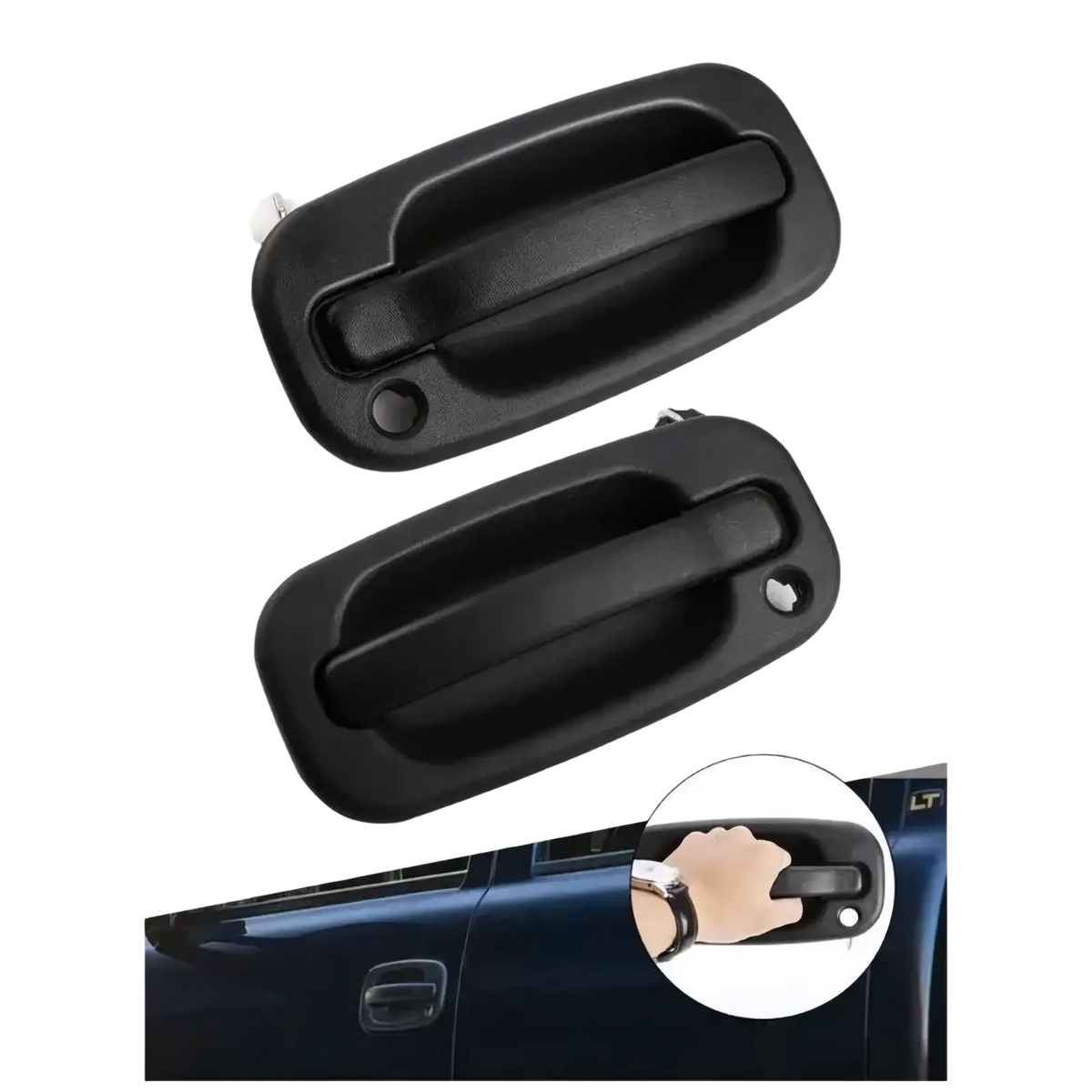 Driver side exterior door handle for pickup trucks black plastic with textured grip and integrated keyhole